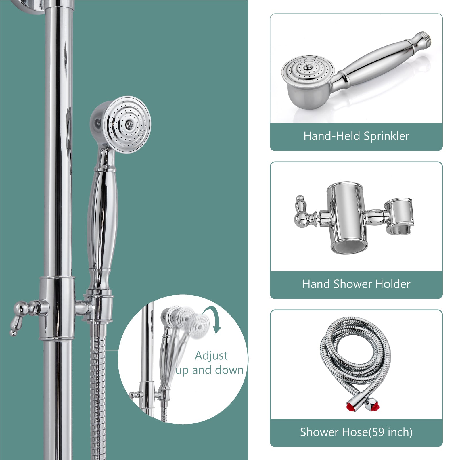 Heyalan Dual Functions Exposed Pipe Shower System Round Rainfall 8 Inch Shower Head Brass Fixture Combo Set 2 Handles with Handheld Sprayer Bathroom Shower Faucet Adjustable Shower Bar