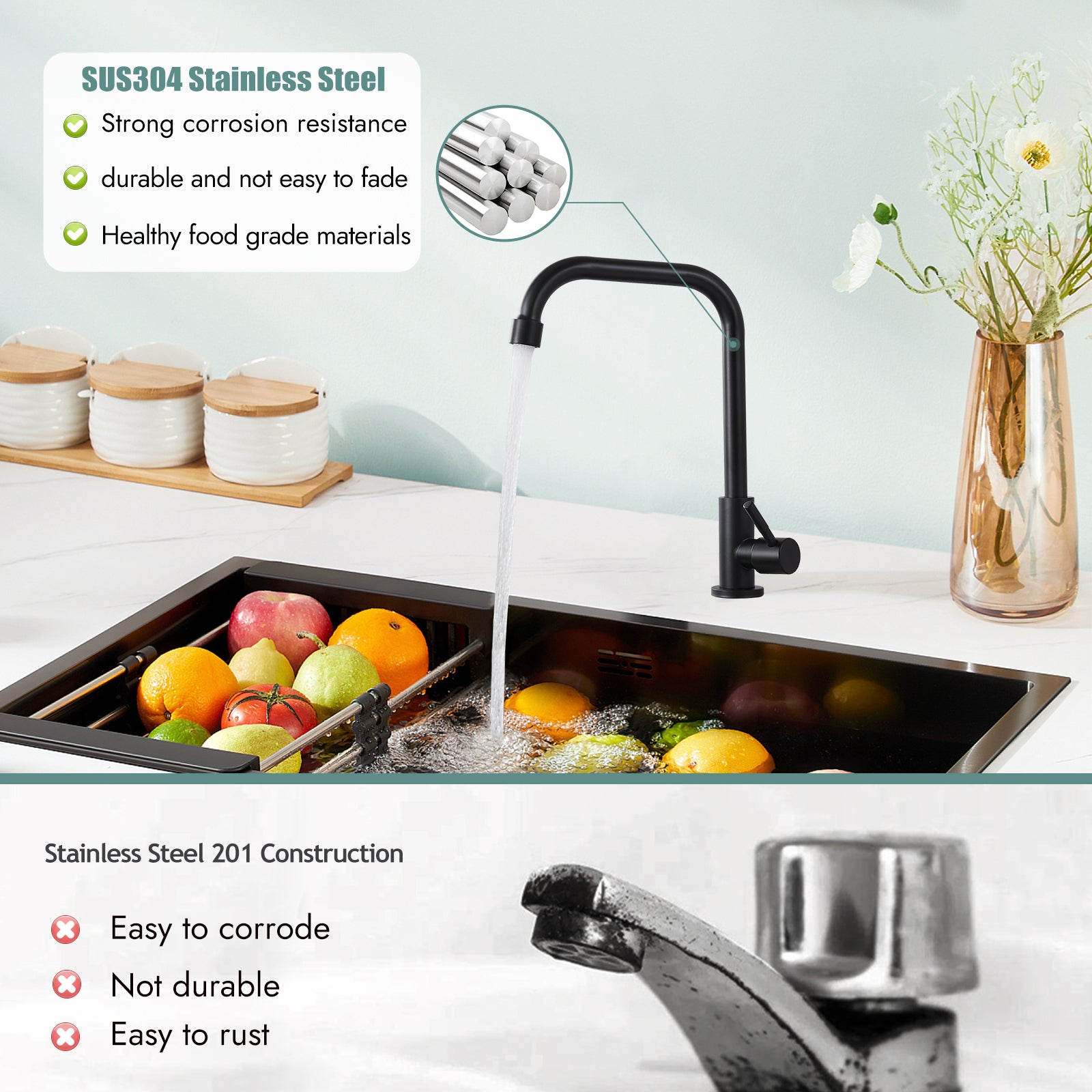 Cold Only Water Kitchen Faucet Heyalan Single Lever Handle 304 Stainless Steel Commercial Bar Tap Decked Mounted 360 Degree Swivel Spout Longer Thread Pipe