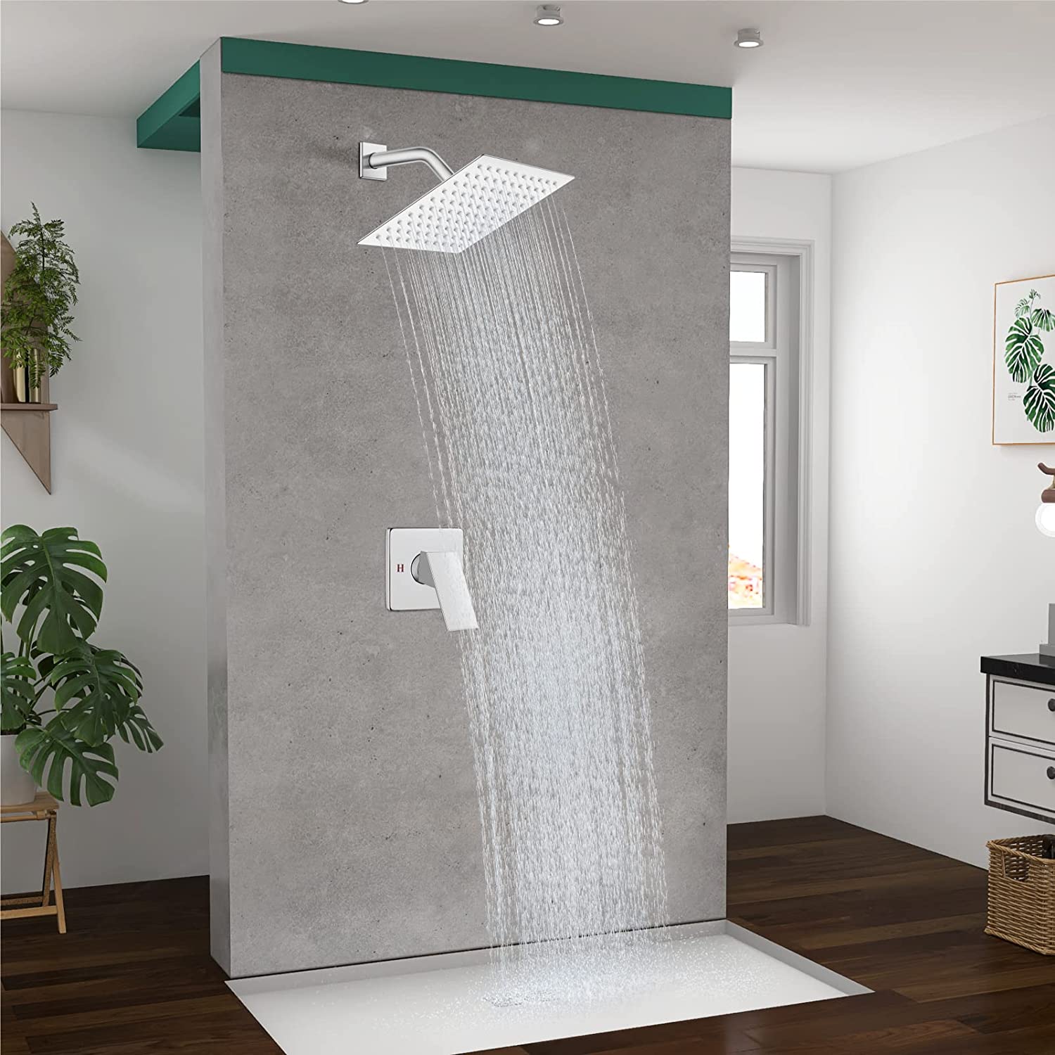 Heyalan Shower Faucet Set Bathroom Rainfall Shower System Square SUS304 Stainless Steel Showerhead Single Function Shower Trim Kit 1 Handle with Rough-in Valve