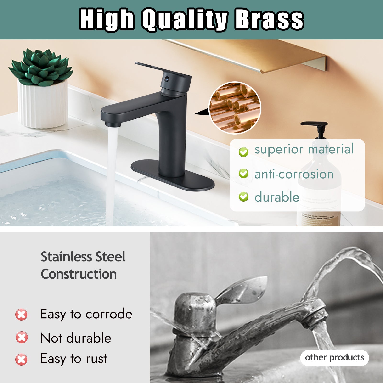 Heyalan Bathroom Faucet Single Handle Brass 1 Hole Basin Mixer Tap Deck Mount Lavatory Vanity Deck Plate Pop Up Drain Included