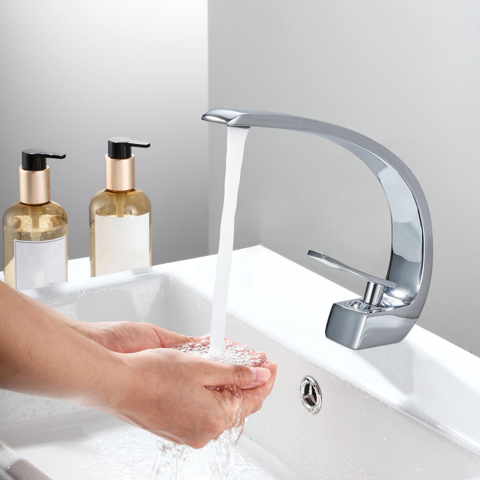 Heyalan Bathroom Sink Faucet Deck Mount Single Handle Single Hole Curved Spout Lavatory Basin Mixer Tap Solid Brass with Supply Hose Commercial