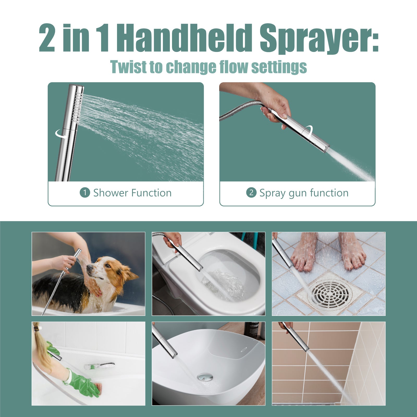 Heyalan Brass 2 in1 Function Handheld Spray Hand Shower High Pressure 7.9 Inch Shower Head High Flow Handheld Sprinklert Shower Wand with Shower Hose and Hand Shower Holder