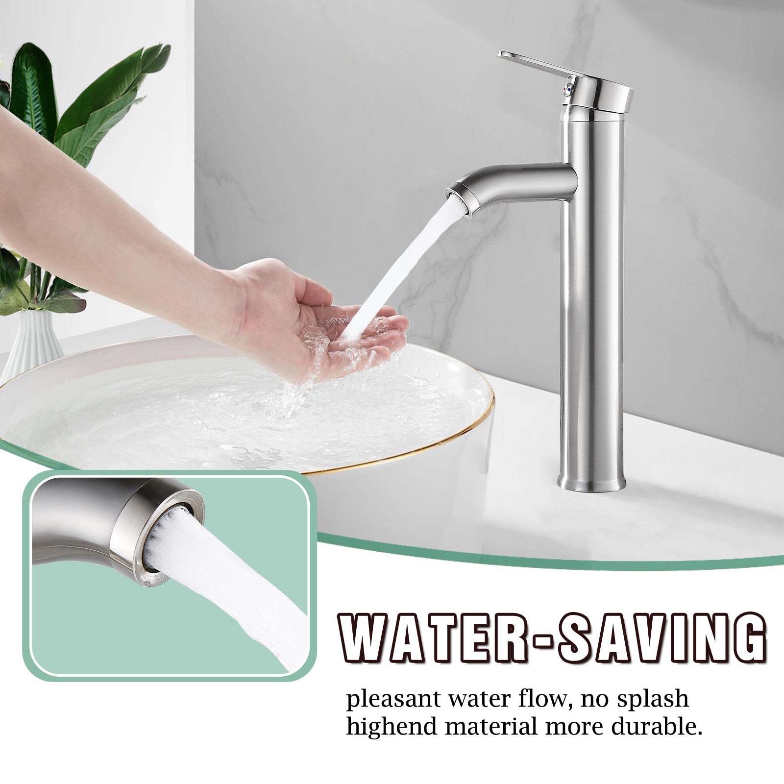 Heyalan Brushed Nickel Bathroom Faucet Vessel Sink Deck Mount Stainless Steel SUS304 Bowl Basin One Hole Singl Handle Tall Spout Mixer Tap Plastic Pop Up Drain Without Overflow