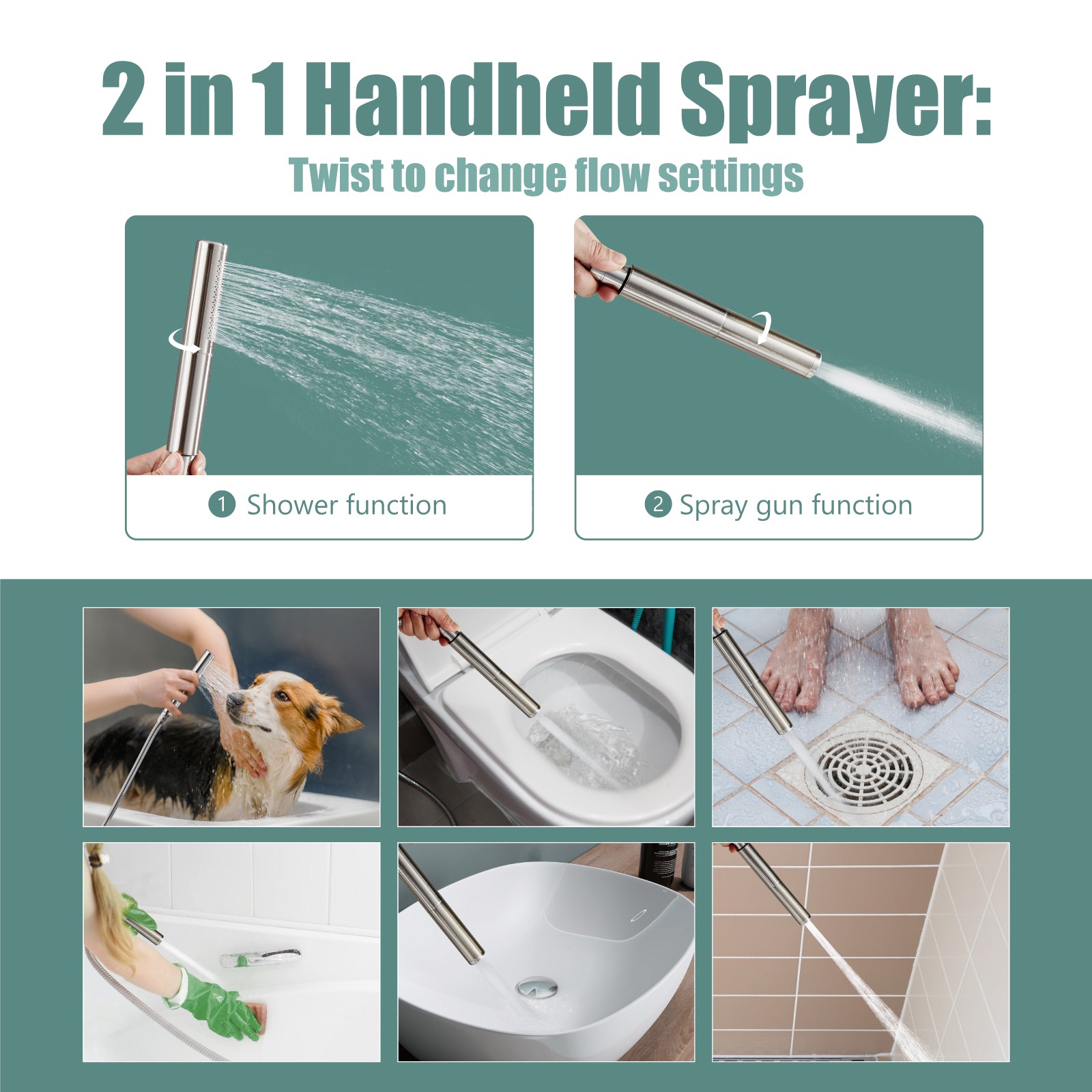 Heyalan Brass 2 in1 Function Handheld Spray Hand Shower High Pressure 7.9 Inch Shower Head High Flow Handheld Sprinklert Shower Wand with Shower Hose and ABS Hand Shower Holder