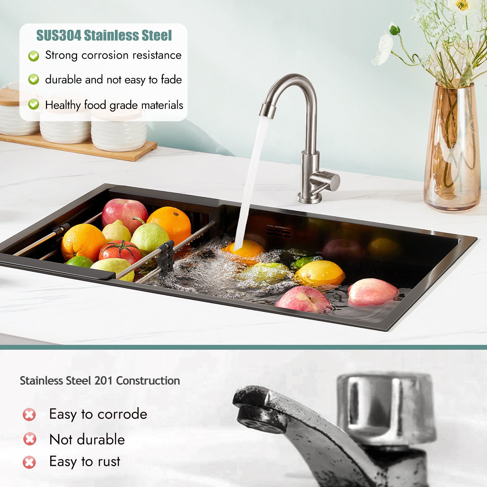 Cold Water Only Kitchen Faucet Single Handle 1 Hole Deck Mount 360 Degree Swivel Spout High Arc SUS304 Stainless Steel Sink Bar Tap Goose Neck with Hose(Drain Not Included)