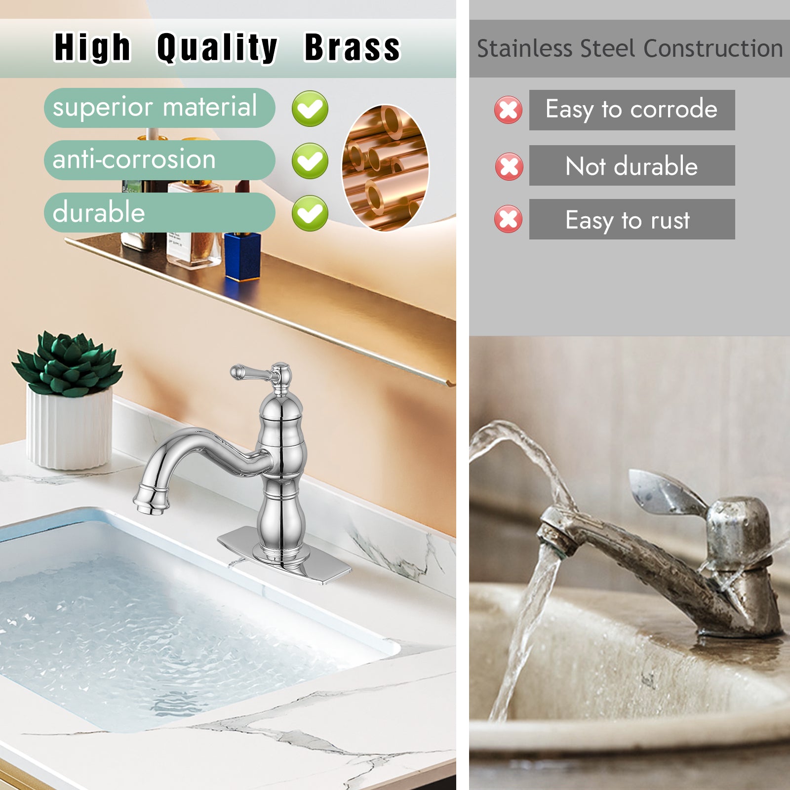 Bathroom Sink Faucet 1 Hole Single Handle Vanity Mixer Tap Deck Mount Lavatory Pop Up Drain with Overflow Included Commercial