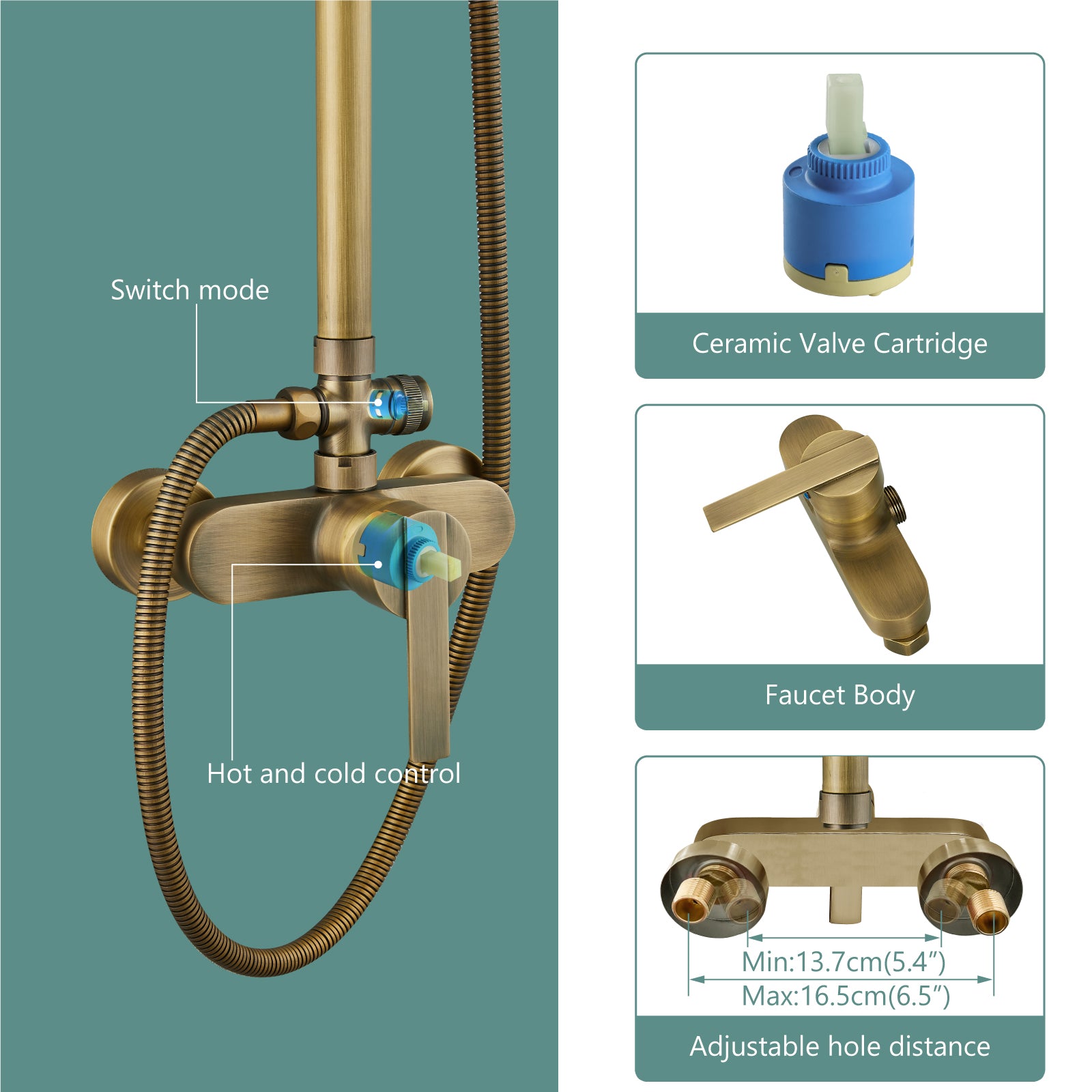 Exposed Pipe Shower System 8 Inch Rainfall Shower Head Brass Fixture Combo Set Single Handle with Handheld Sprayer Bathroom Shower Faucet Adjustable Showerhead Bar Dual Functions