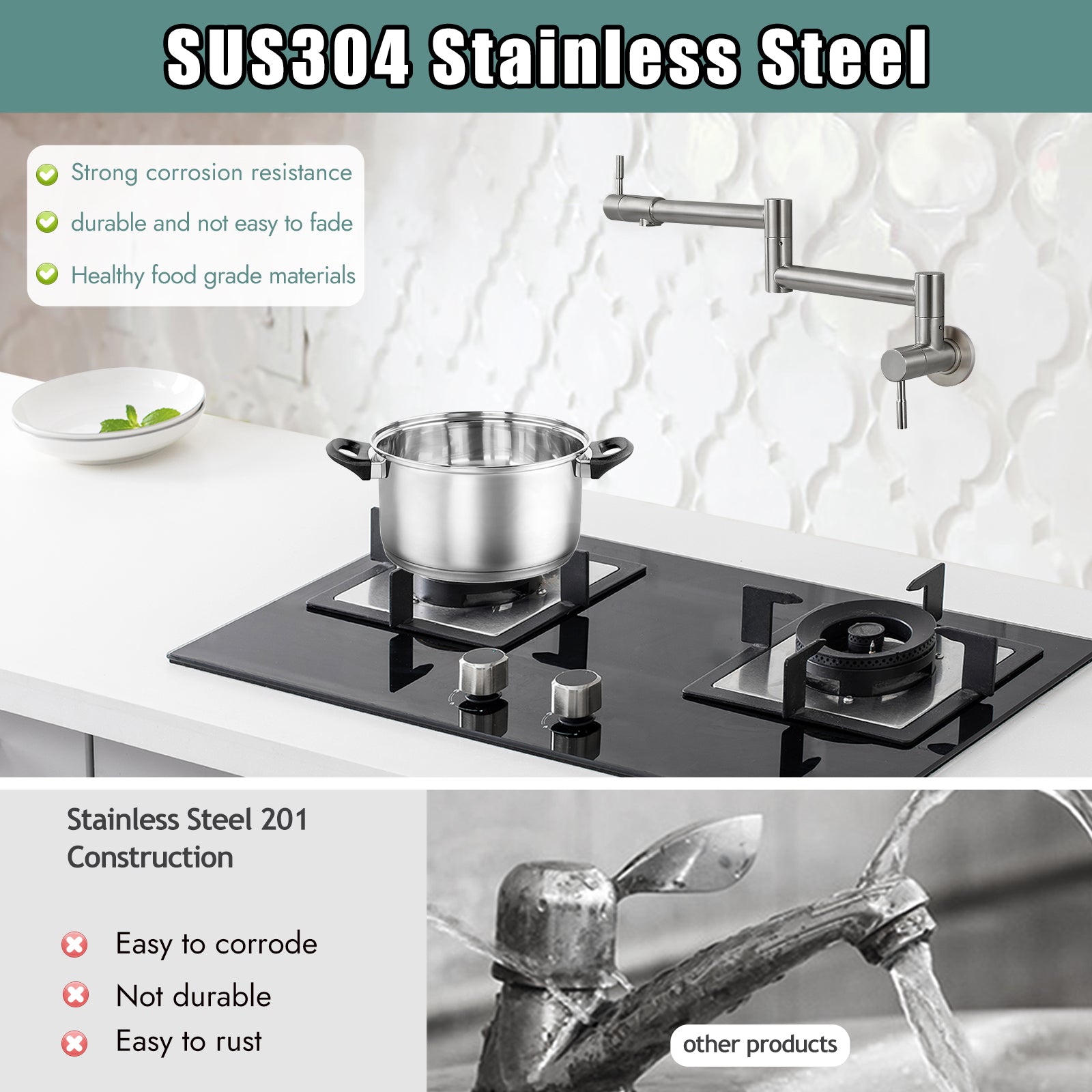 Heyalan Pot Filler Faucet Wall Mounted Folding Stretchable Kitchen Faucet 1 Hole with Double Joint Swing Arms 2 Handles NPT Stainless Steel Separated Thread