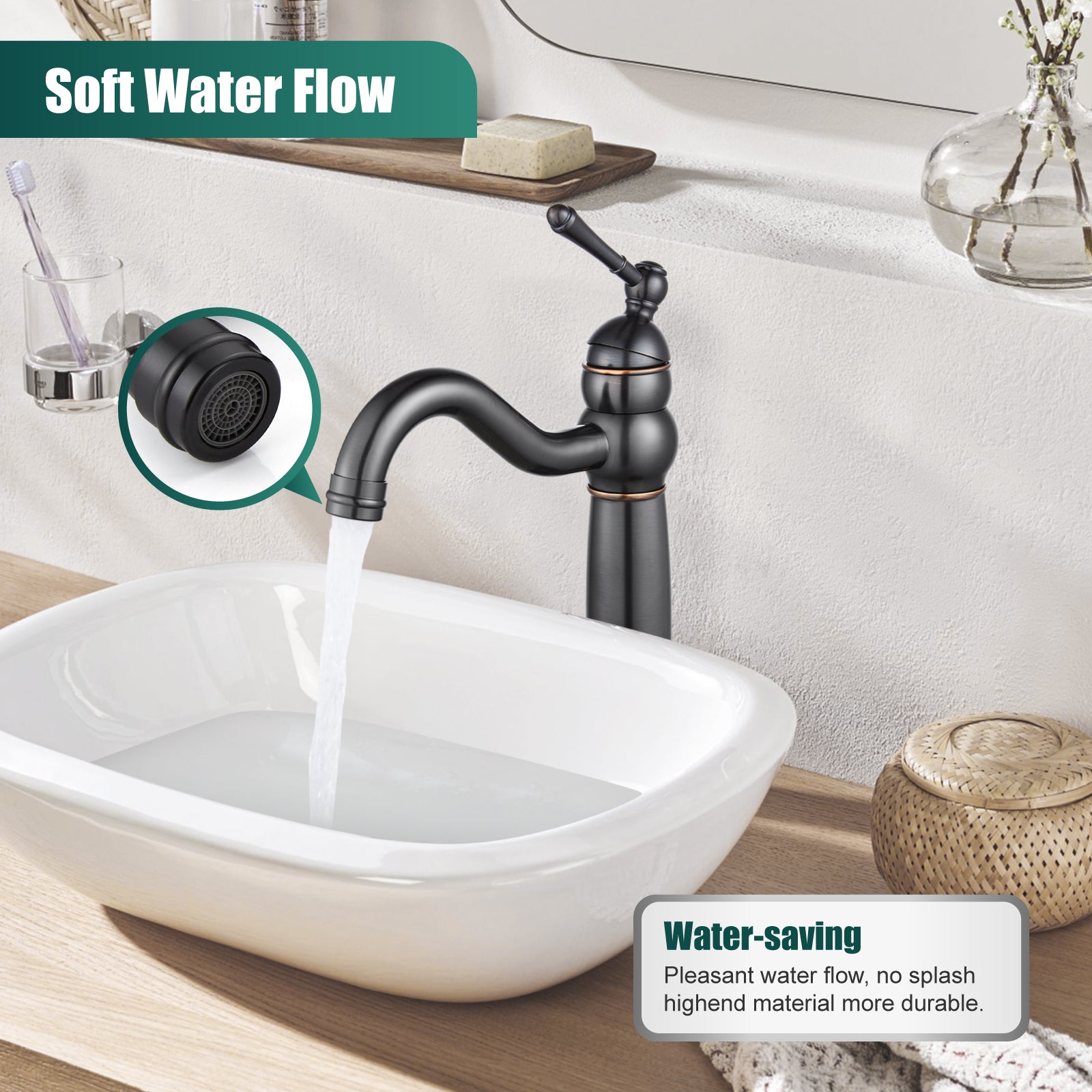 Heyalan Bathroom Vessel Sink Faucet Deck Mount Single Hole One Handle Vintage Lavatory Basin Spout Vanity Tall Mixer Tap Solid Brass Antique Assembly with Pop-up Drain