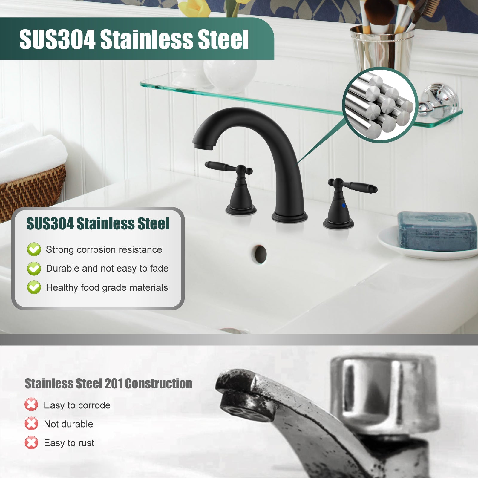 2 Handles SUS304 Stainless Steel 8-16 Inch Bathroom Basin Faucet with Pop Up Drain Deck Mount Divided Three Holes Toilet Sink Mixer Tap Simple Cabinet Grips Heyalan Mixer Faucet