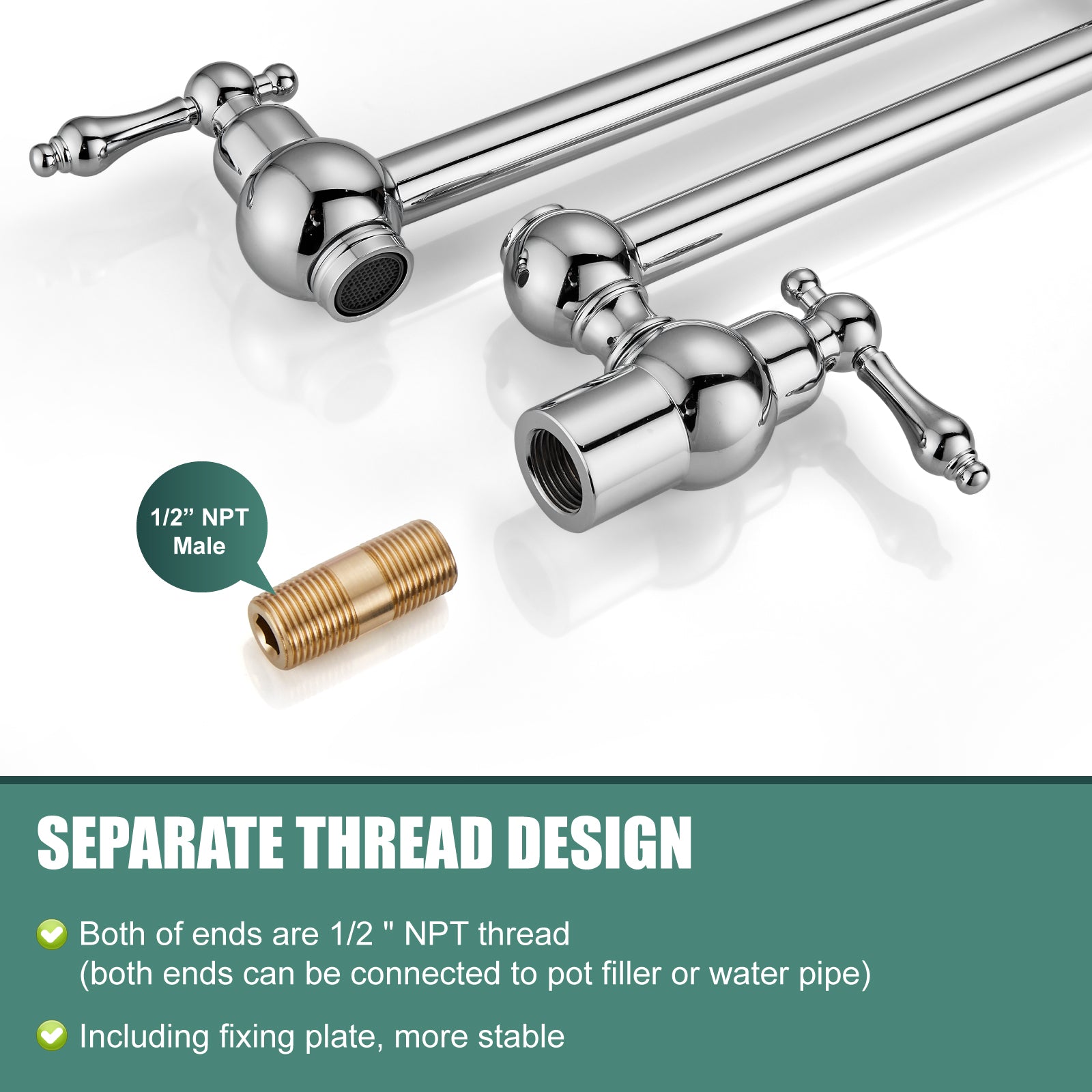 Kitchen Pot Filler Faucet Wall Mount Two Handles Single Hole Heyalan Strechable Arm Stainless Steel Double Connectors Folding Modern 360 Degrees Rotation