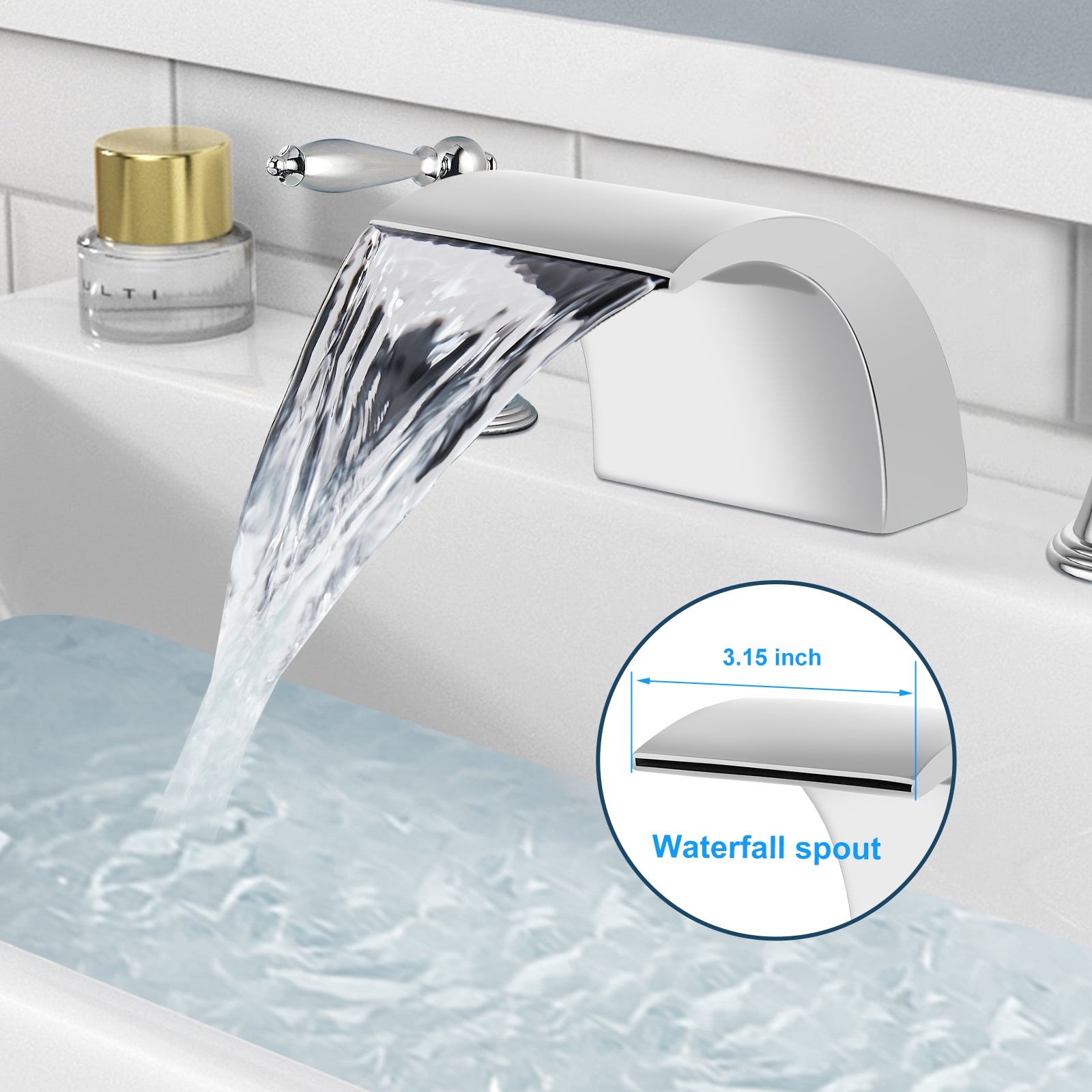 Waterfall Bathroom Sink Faucet Widespread 8-16 Inch 2 Handles 3 Holes Basin Mixer Tap Commercial Deck Mounted Pop Up Drain with Overflow Included