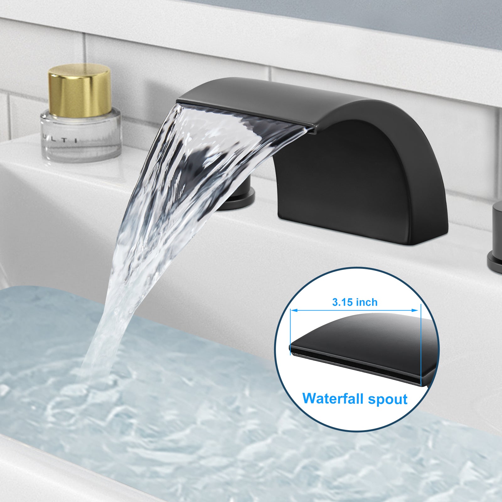 Heyalan Bathroom Widespread Sink Faucet Waterfall Spout 8 16 Inch Dual Handles Three Holes Deck Mount Pop Up Drain with Overflow Bathtub Basin Mixer Tap Commercial