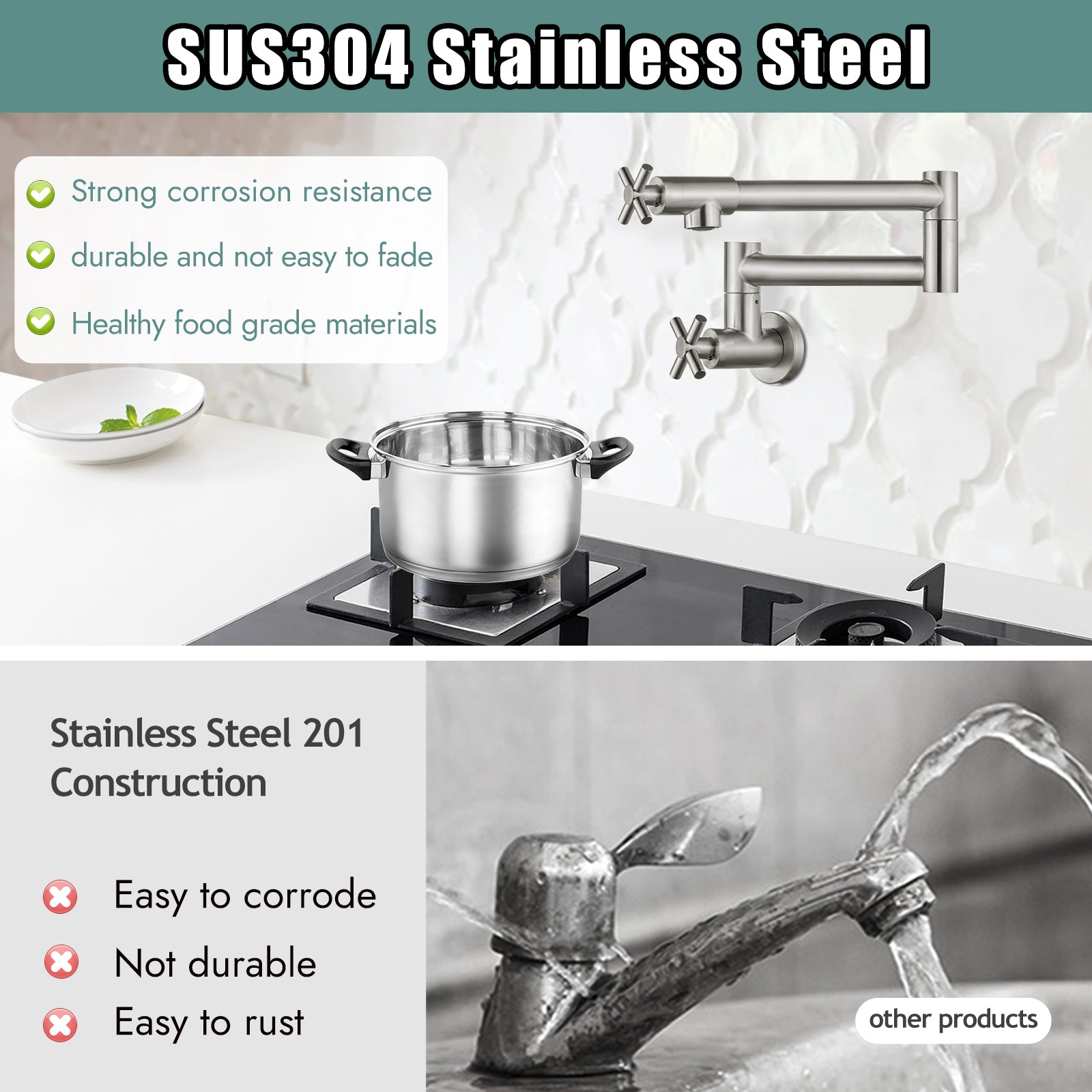 Heyalan Pot Filler Kitchen Faucet Stainless Steel SUS304 Two Cross Handle 19 Inch Single Hole Spout Wall Mounted Stretchable Swing Arm Commercial Kitchen Sink Faucet to Control Water