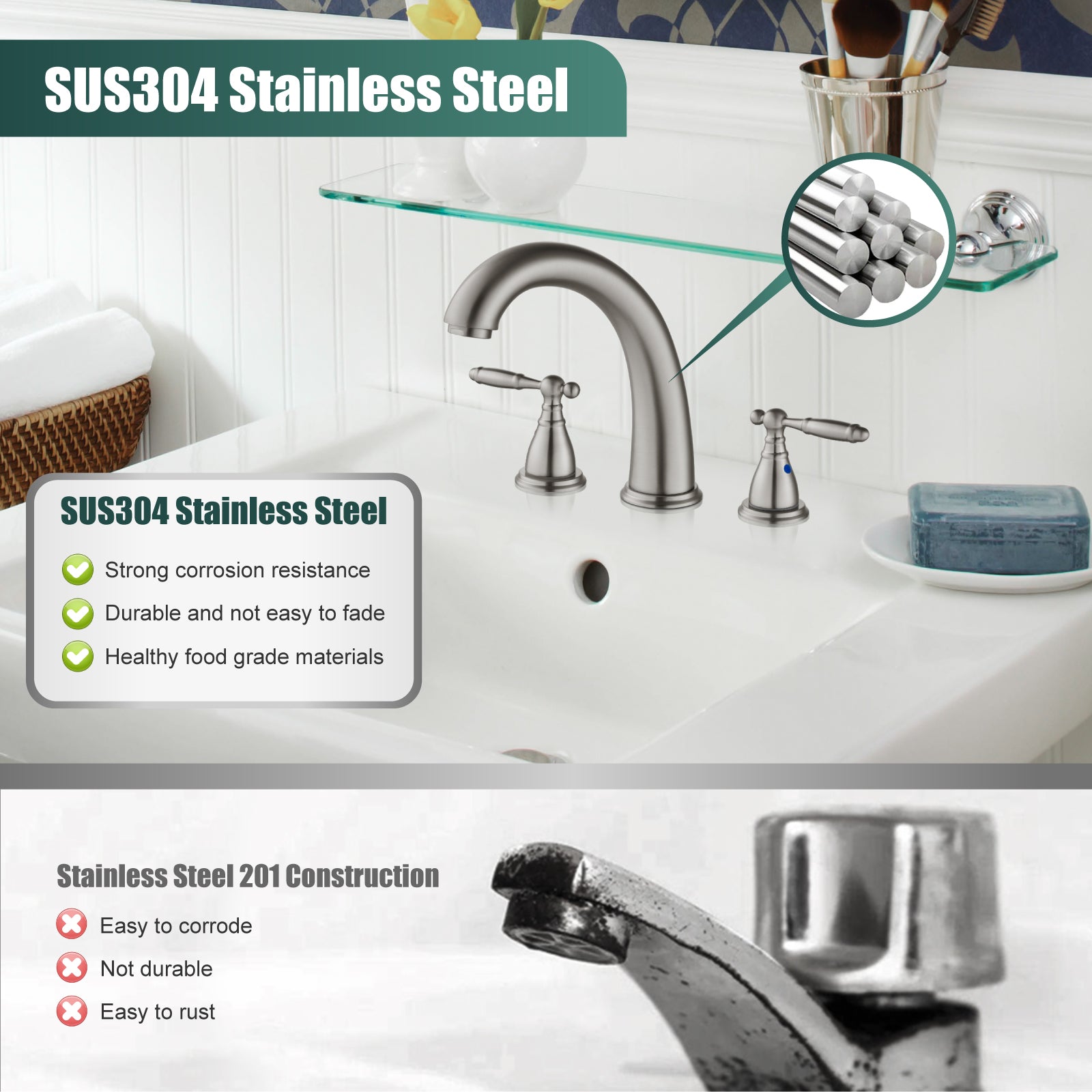 2 Handles SUS304 Stainless Steel 8-16 Inch Bathroom Basin Faucet with Pop Up Drain Deck Mount Divided Three Holes Toilet Sink Mixer Tap Simple Cabinet Grips Heyalan Mixer Faucet