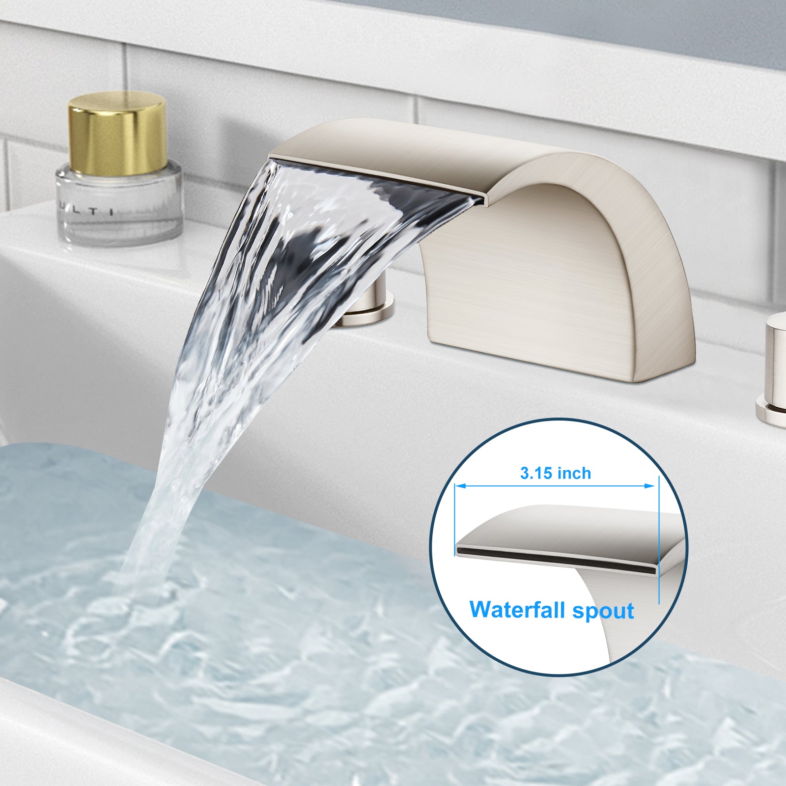 Heyalan Bathroom Widespread Sink Faucet Waterfall Spout 8 16 Inch Dual Handles Three Holes Deck Mount Pop Up Drain with Overflow Bathtub Basin Mixer Tap Commercial