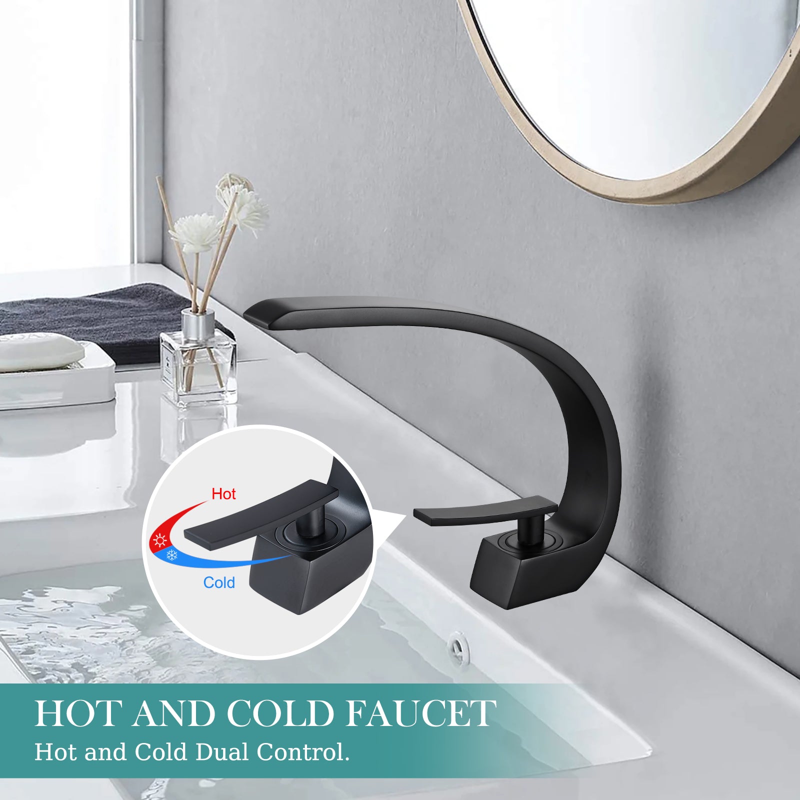 Heyalan Bathroom Sink Faucet Deck Mount Single Handle Single Hole Curved Spout Lavatory Basin Mixer Tap Solid Brass with Supply Hose Commercial