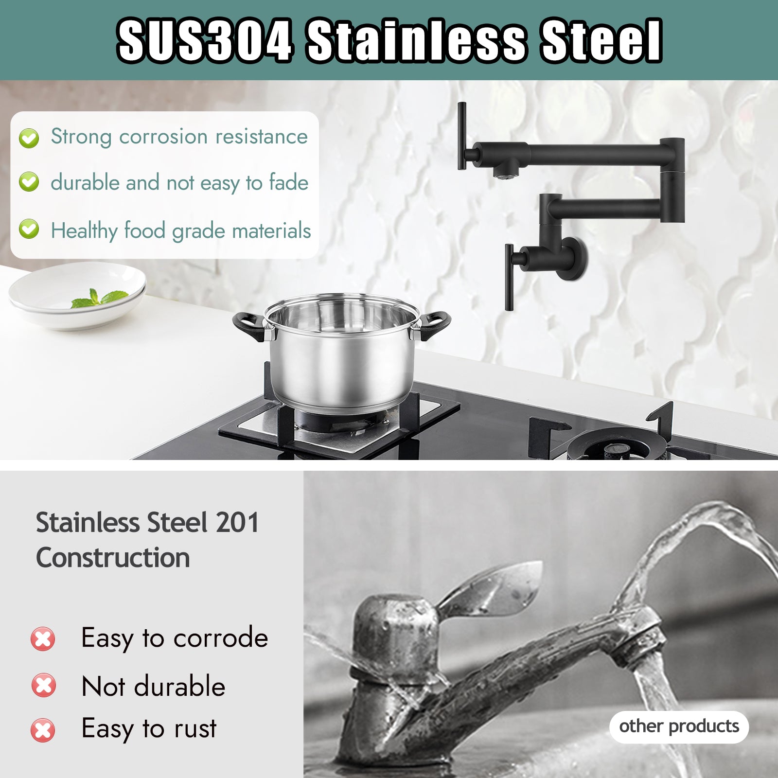 Heyalan 19" Stainless Steel SUS304 Pot Filler Faucet Wall Mounted Double Joint Swing Folding Arms with Two Handles Single Hole Commercial Kitchen Sink Faucet to Control Water Stovetop