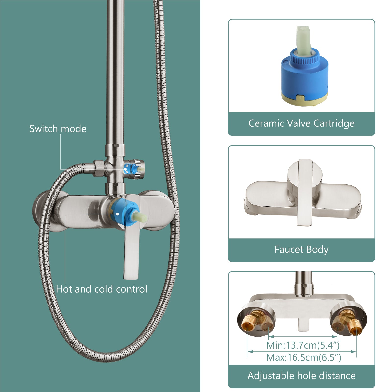 Exposed Pipe Shower System 8 Inch Rainfall Shower Head Brass Fixture Combo Set Single Handle with Handheld Sprayer Bathroom Shower Faucet Adjustable Showerhead Bar Dual Functions