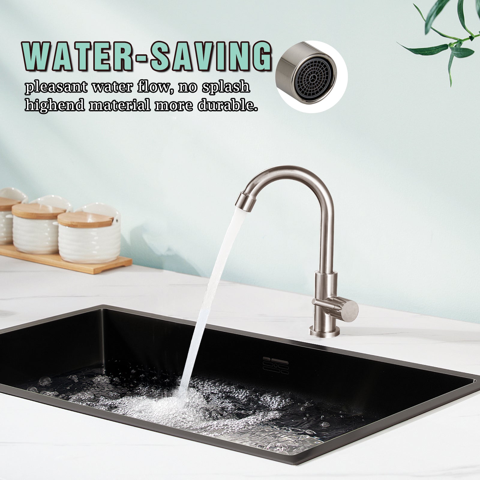Cold Water Only Kitchen Faucet Single Handle 1 Hole Deck Mount 360 Degree Swivel Spout High Arc SUS304 Stainless Steel Sink Bar Tap Goose Neck with Hose(Drain Not Included)