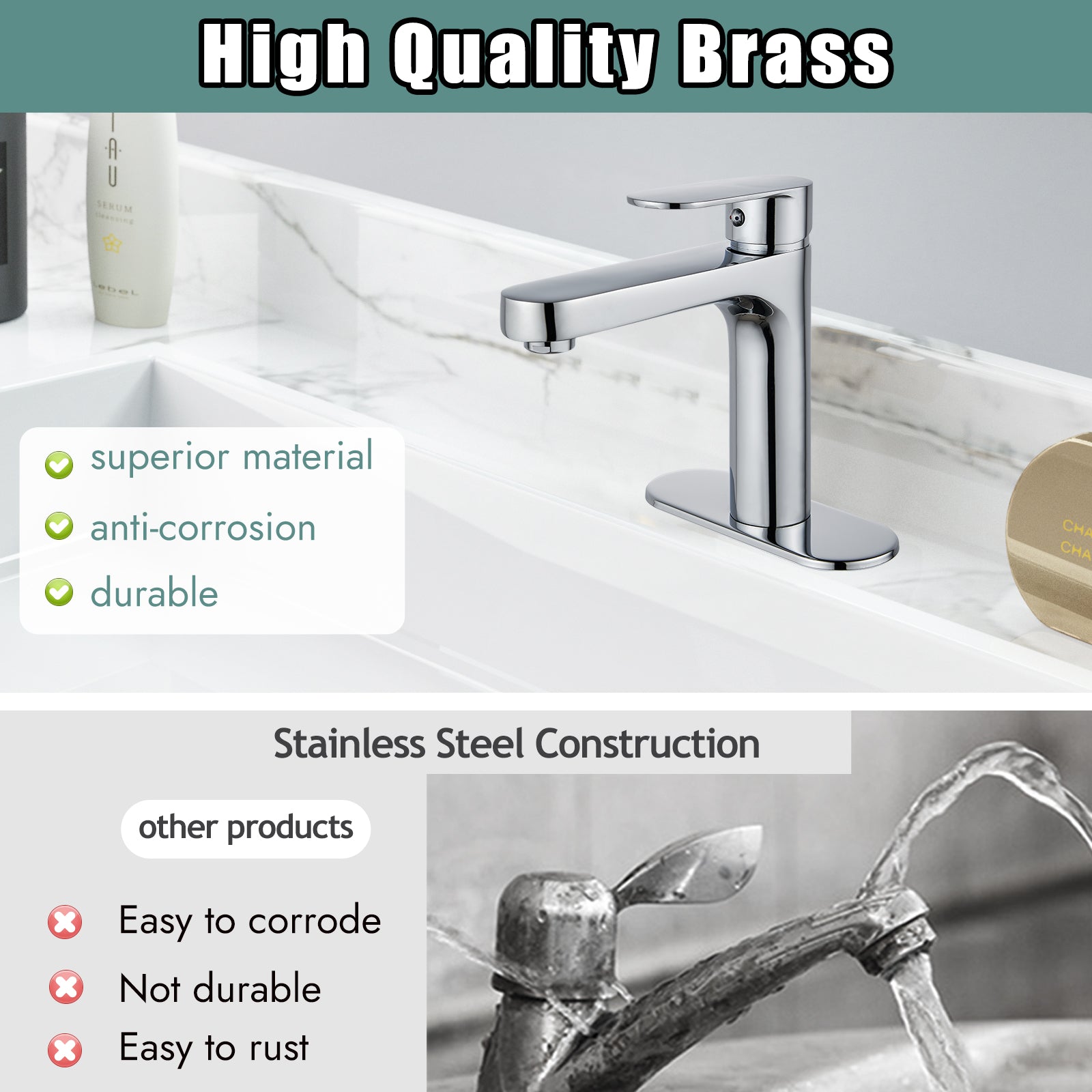 Heyalan Bathroom Faucet Single Handle Brass 1 Hole Basin Mixer Tap Deck Mount Lavatory Vanity Deck Plate Pop Up Drain Included