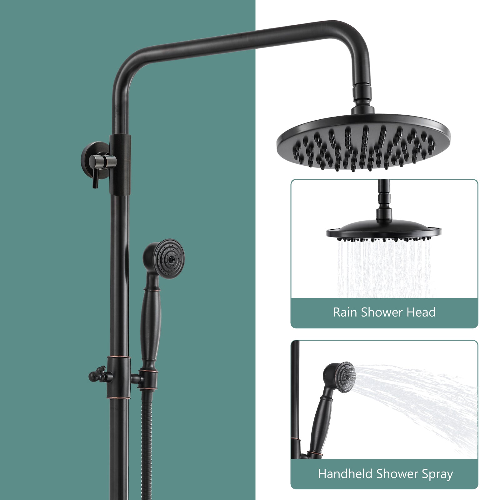 Heyalan Dual Functions Exposed Pipe Shower System Round Rainfall 8 Inch Shower Head Brass Fixture Combo Set 2 Handles with Handheld Sprayer Bathroom Shower Faucet Adjustable Shower Bar