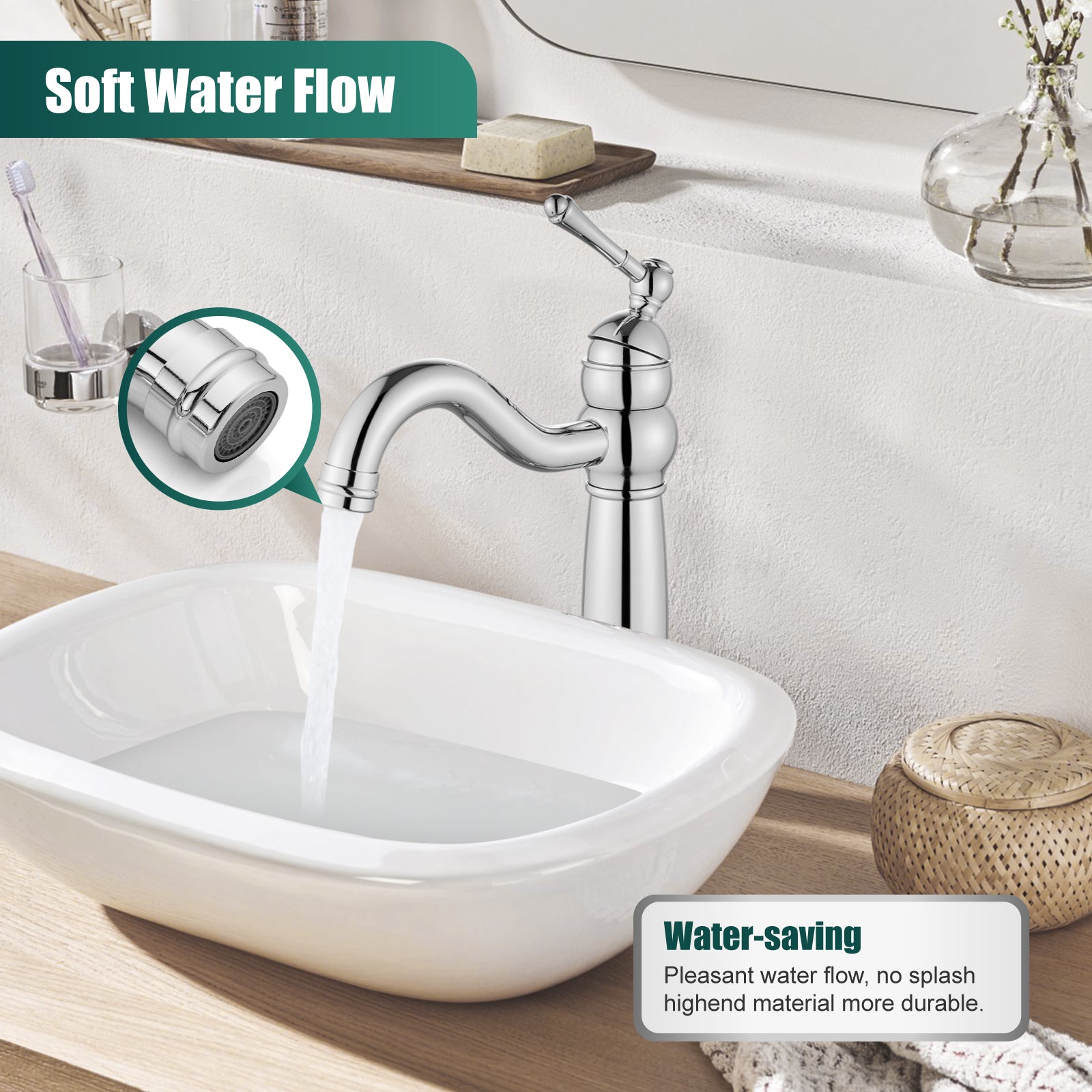 Heyalan Bathroom Vessel Sink Faucet Deck Mount Single Hole One Handle Vintage Lavatory Basin Spout Vanity Tall Mixer Tap Solid Brass Antique Assembly with Pop-up Drain