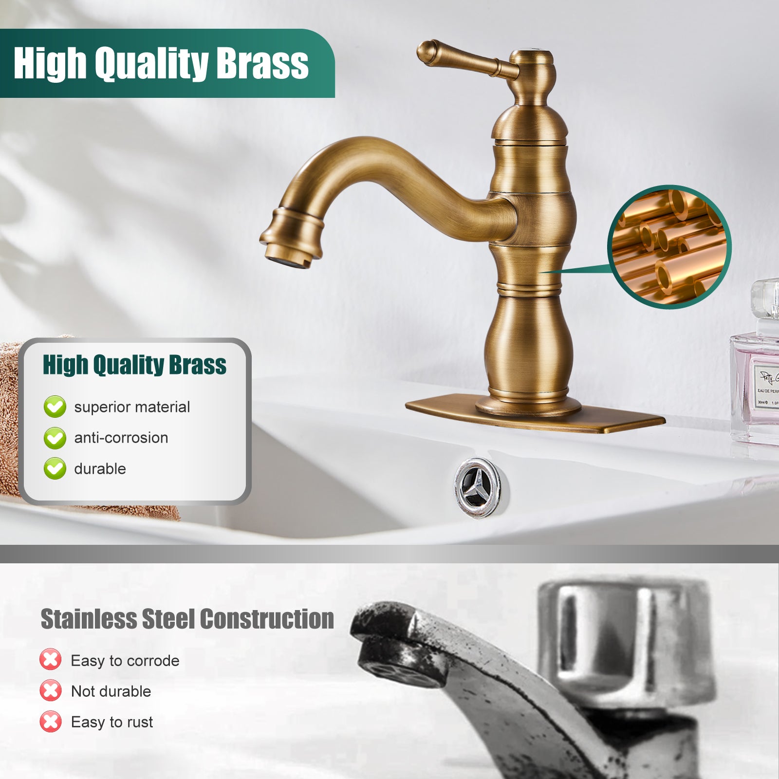 Bathroom Sink Faucet 1 Hole Single Handle Vanity Mixer Tap Deck Mount Lavatory Pop Up Drain with Overflow Included Commercial