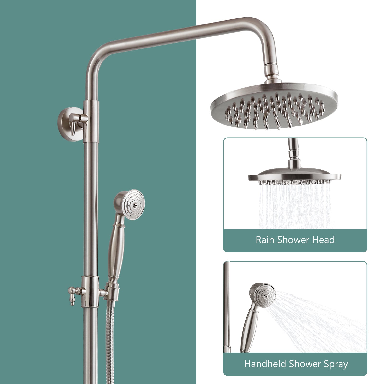Heyalan Dual Functions Exposed Pipe Shower System Round Rainfall 8 Inch Shower Head Brass Fixture Combo Set 2 Handles with Handheld Sprayer Bathroom Shower Faucet Adjustable Shower Bar