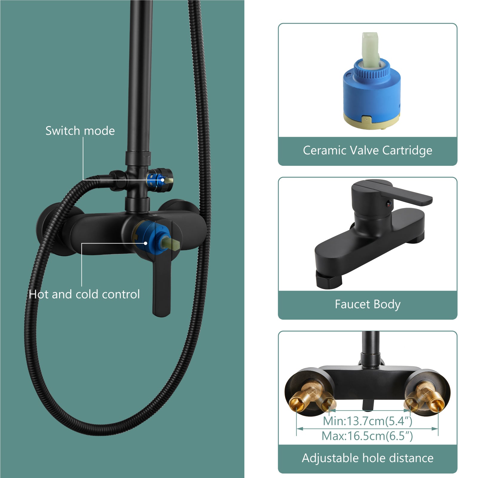 Heyalan Matte Black Exposed Shower System 8 Inch Rainfall Shower Head Fixture Combo Set Single Handle with ABS Handheld Sprayer Bathroom Shower Faucet Adjustable Shower Head Bar Dual Functions