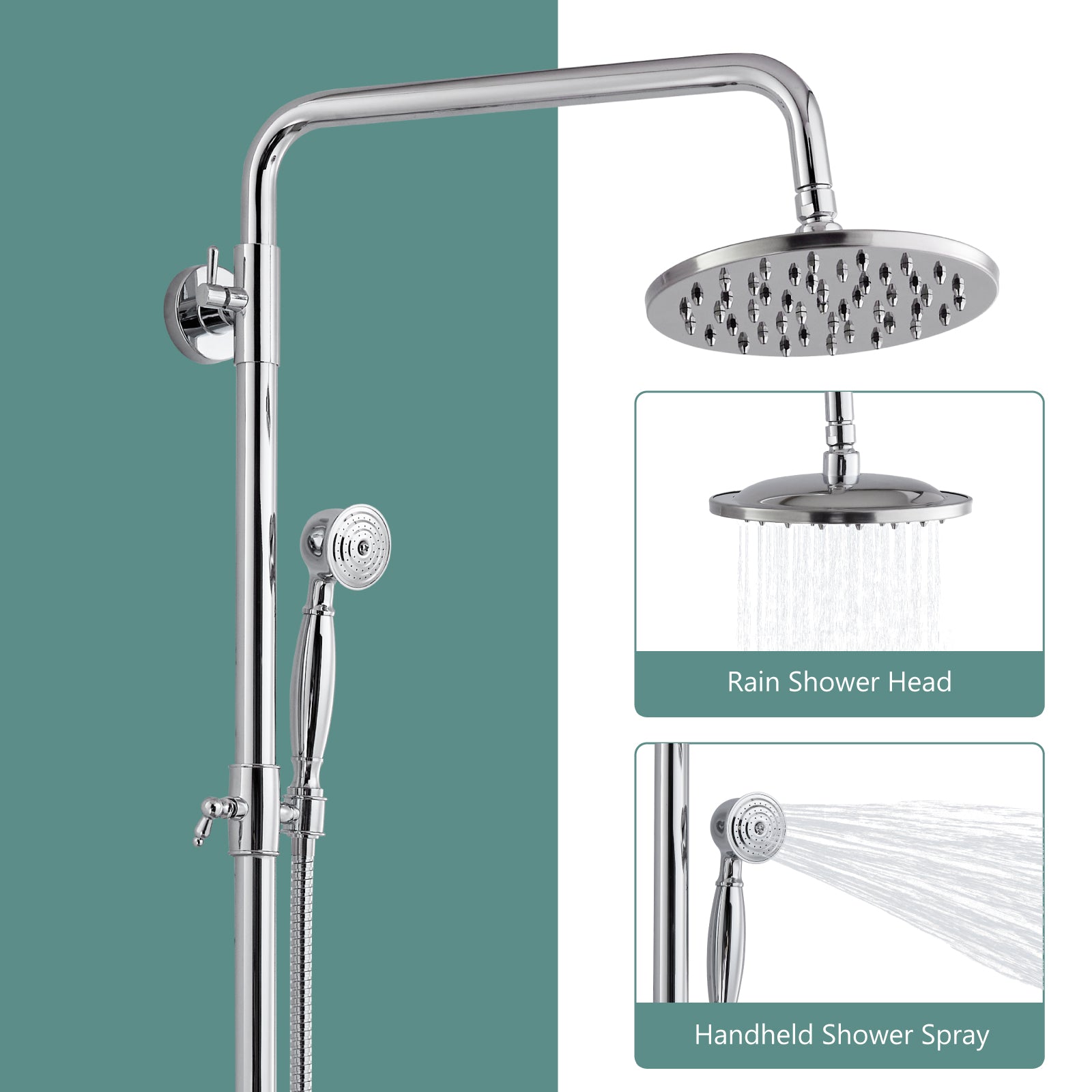 Heyalan Dual Functions Exposed Pipe Shower System Round Rainfall 8 Inch Shower Head Brass Fixture Combo Set 2 Handles with Handheld Sprayer Bathroom Shower Faucet Adjustable Shower Bar