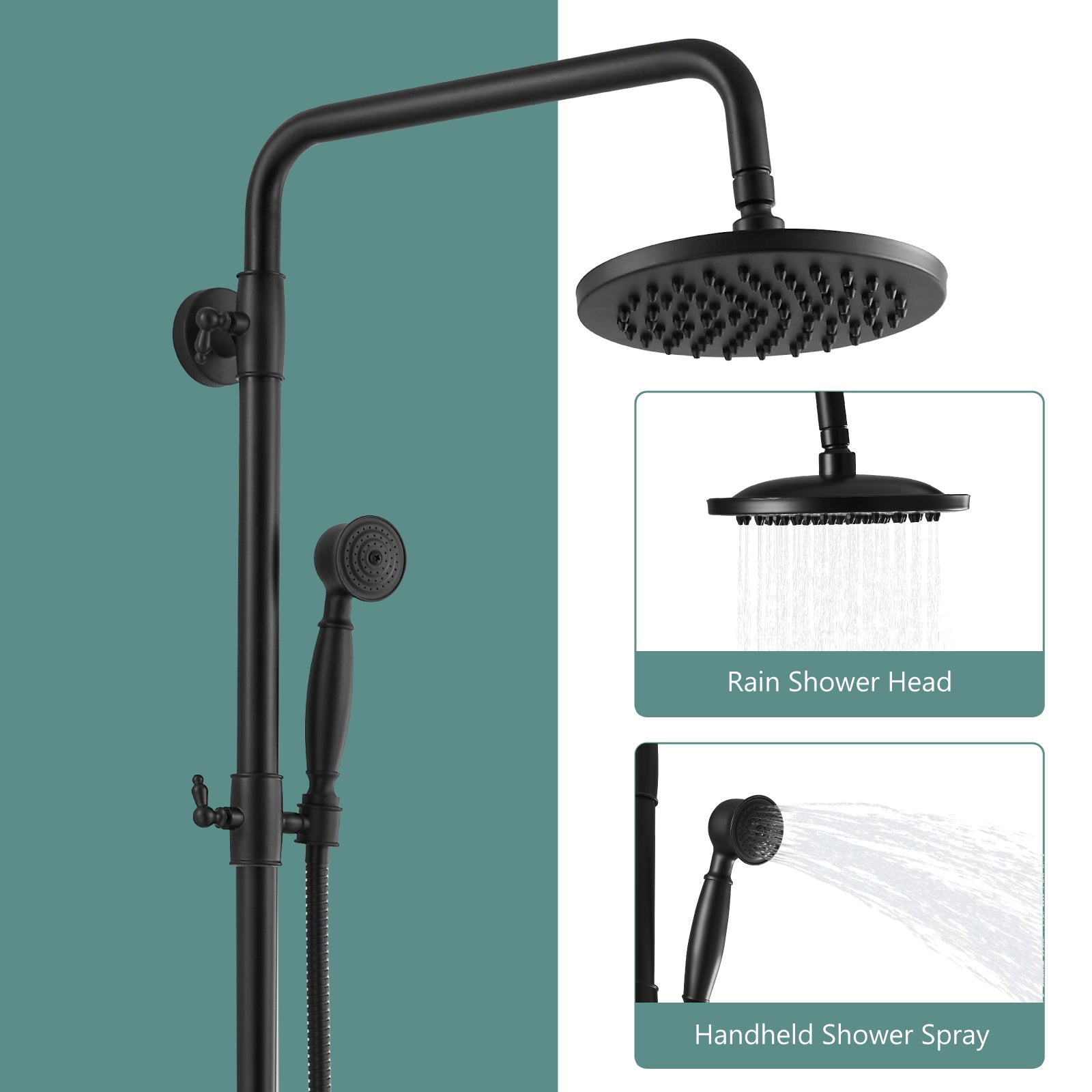 Heyalan Dual Functions Exposed Pipe Shower System Round Rainfall 8 Inch Shower Head Brass Fixture Combo Set 2 Handles with Handheld Sprayer Bathroom Shower Faucet Adjustable Shower Bar