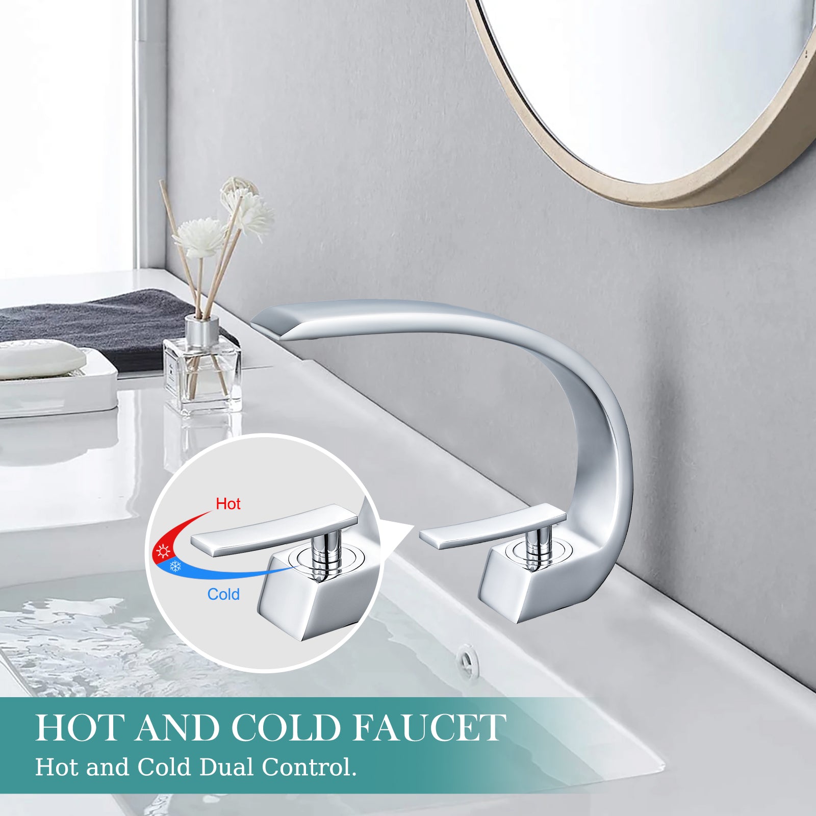 Heyalan Bathroom Sink Faucet Deck Mount Single Handle Single Hole Curved Spout Lavatory Basin Mixer Tap Solid Brass with Supply Hose Commercial