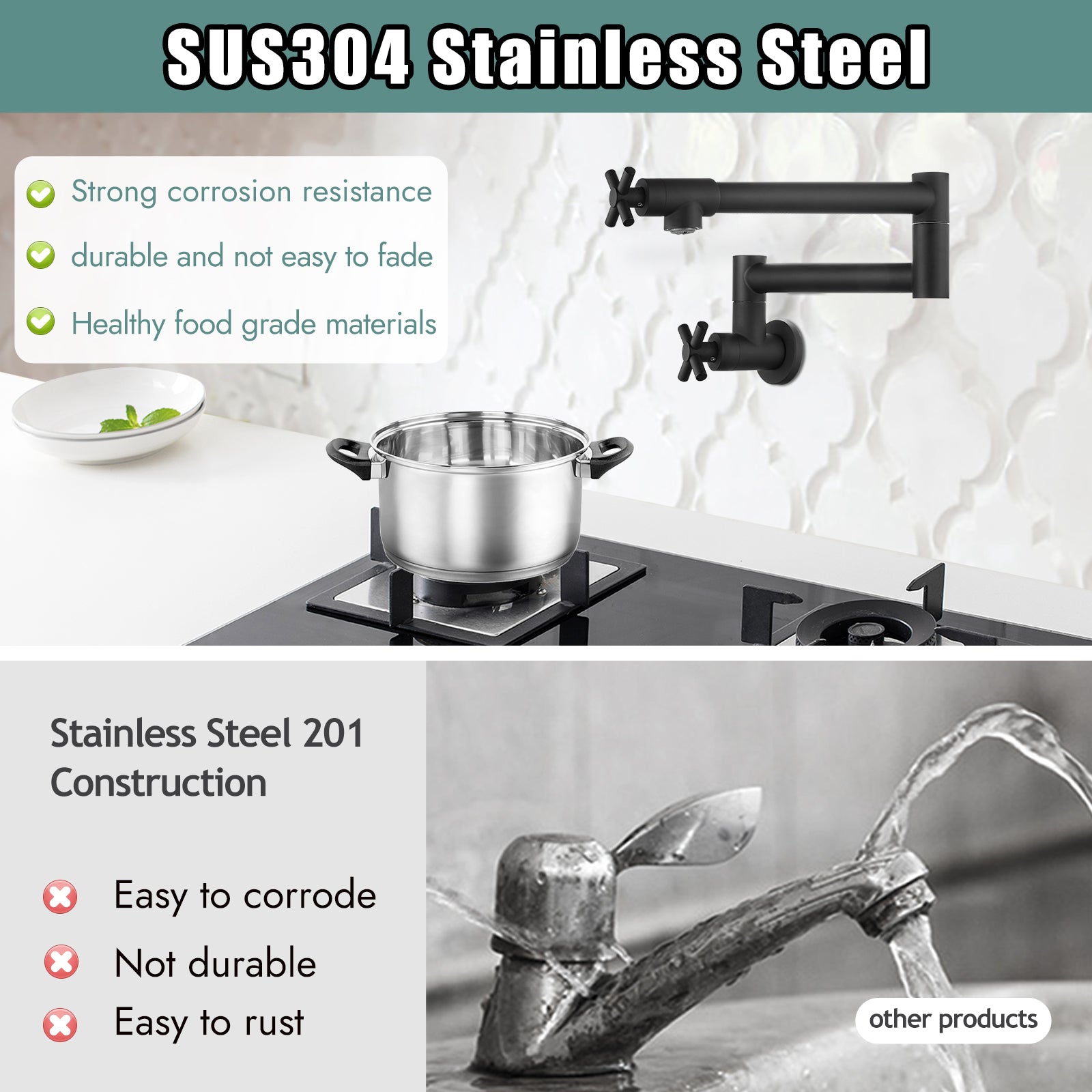 Heyalan Pot Filler Kitchen Faucet Stainless Steel SUS304 Two Cross Handle 19 Inch Single Hole Spout Wall Mounted Stretchable Swing Arm Commercial Kitchen Sink Faucet to Control Water