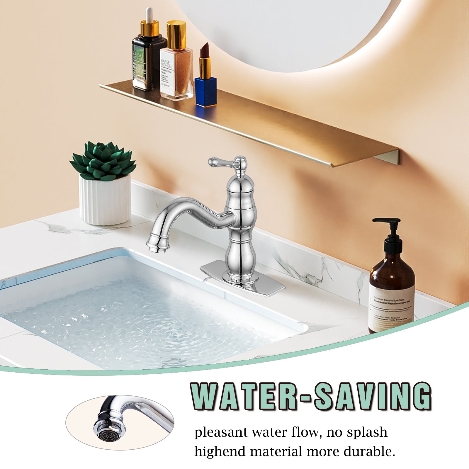 Bathroom Sink Faucet 1 Hole Single Handle Vanity Mixer Tap Deck Mount Lavatory Pop Up Drain with Overflow Included Commercial
