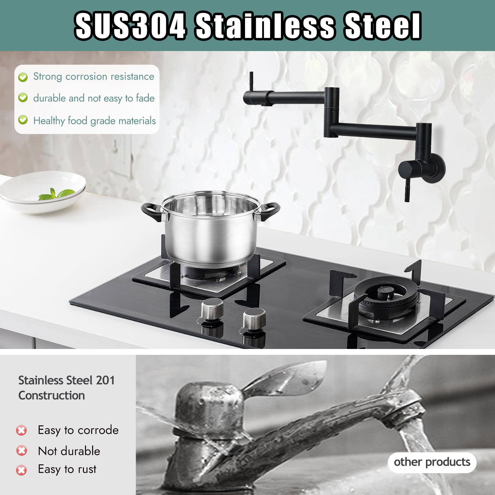 Heyalan Pot Filler Faucet Wall Mounted Folding Stretchable Kitchen Faucet 1 Hole with Double Joint Swing Arms 2 Handles NPT Stainless Steel Separated Thread