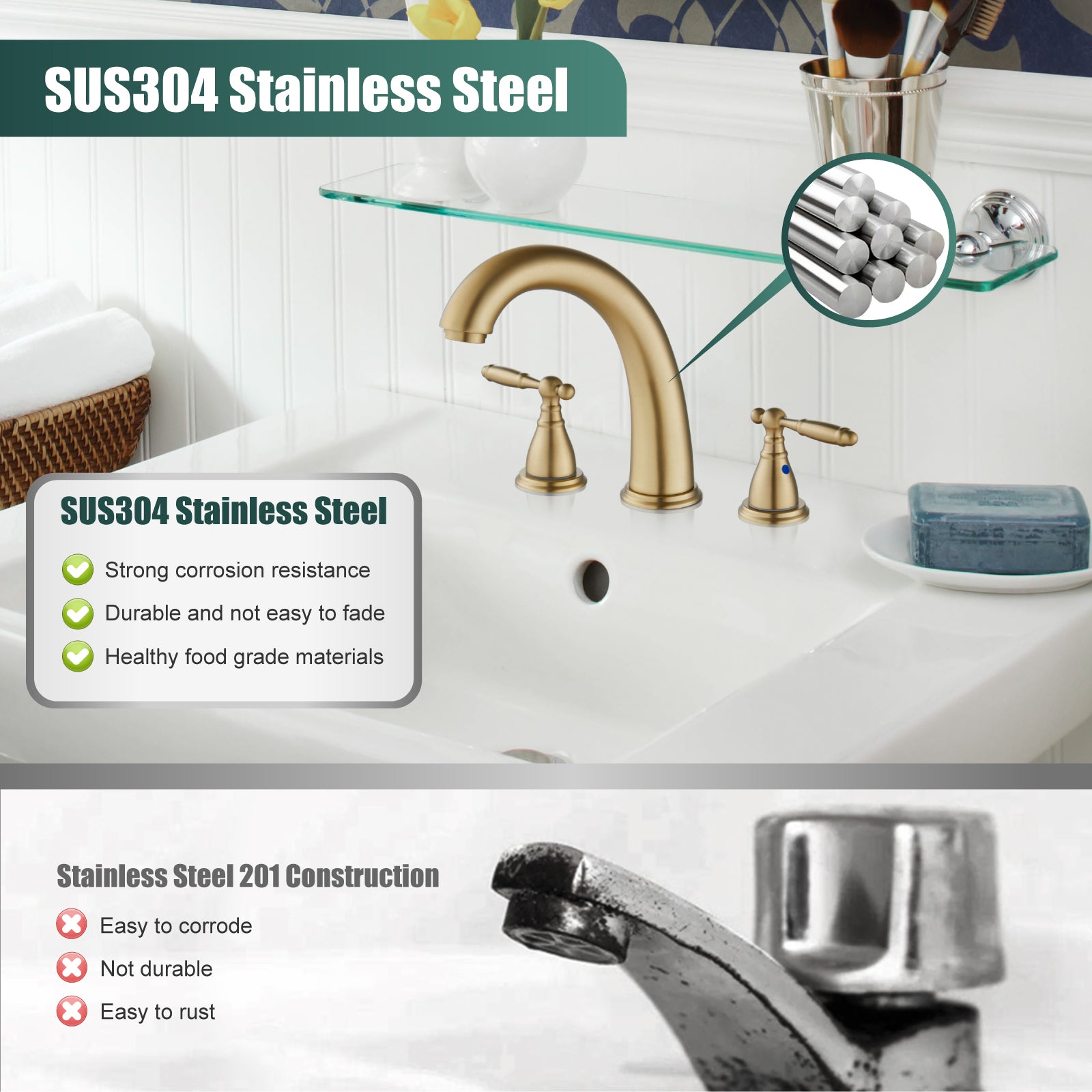 2 Handles SUS304 Stainless Steel 8-16 Inch Bathroom Basin Faucet with Pop Up Drain Deck Mount Divided Three Holes Toilet Sink Mixer Tap Simple Cabinet Grips Heyalan Mixer Faucet