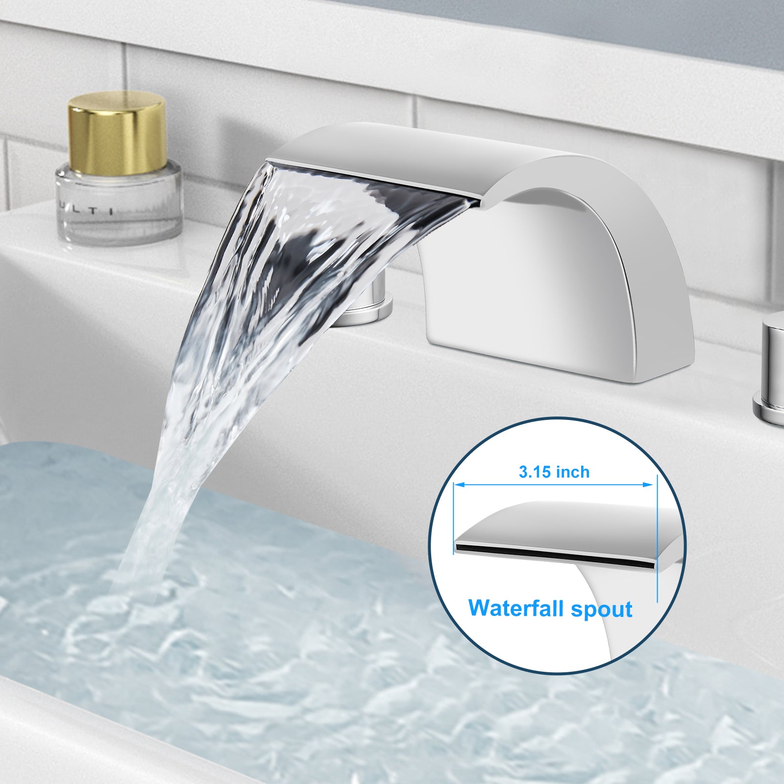 Heyalan Bathroom Widespread Sink Faucet Waterfall Spout 8 16 Inch Dual Handles Three Holes Deck Mount Pop Up Drain with Overflow Bathtub Basin Mixer Tap Commercial