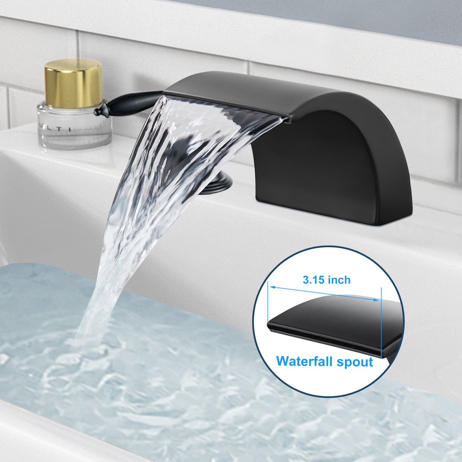 Waterfall Bathroom Sink Faucet Widespread 8-16 Inch 2 Handles 3 Holes Basin Mixer Tap Commercial Deck Mounted Pop Up Drain with Overflow Included