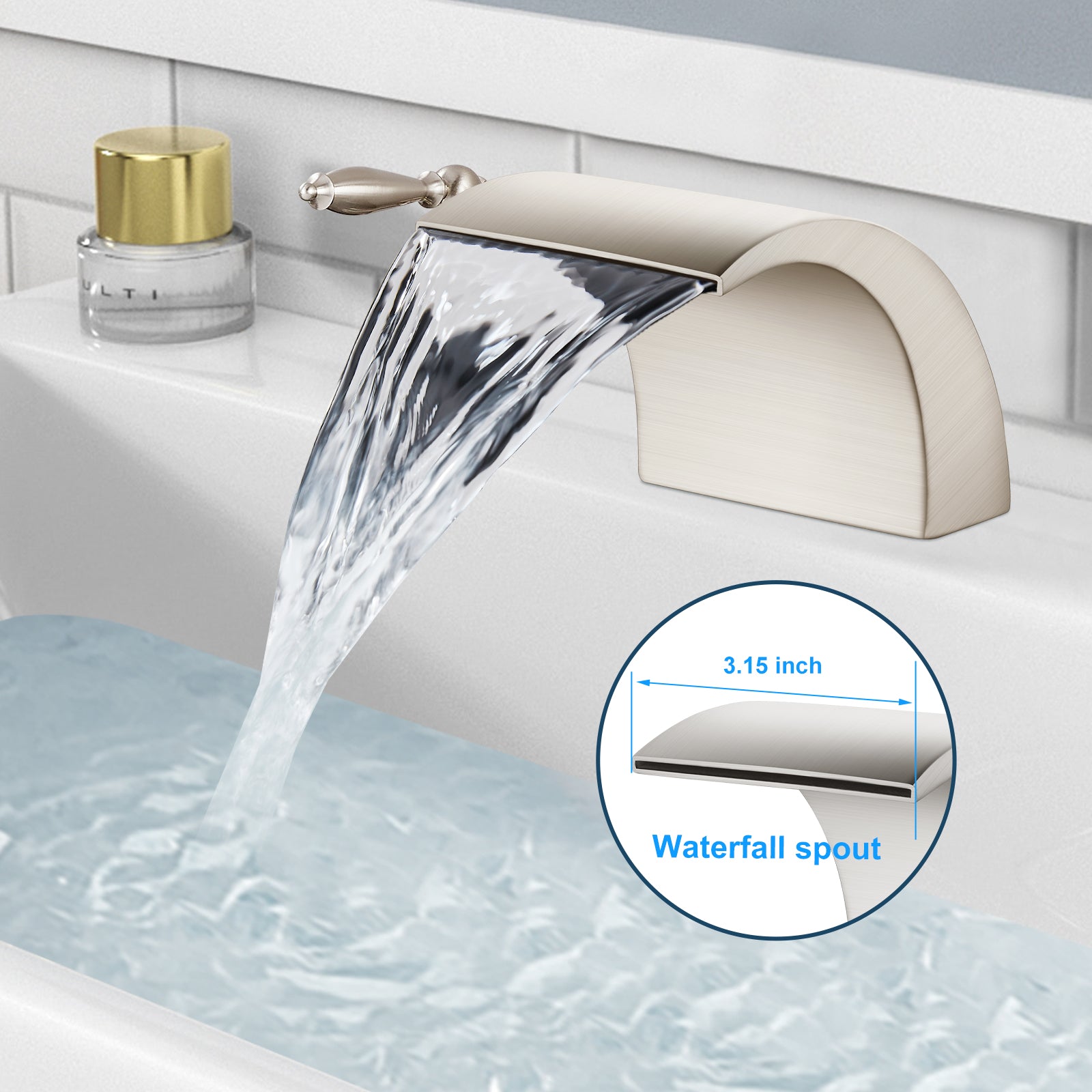 Waterfall Bathroom Sink Faucet Widespread 8-16 Inch 2 Handles 3 Holes Basin Mixer Tap Commercial Deck Mounted Pop Up Drain with Overflow Included