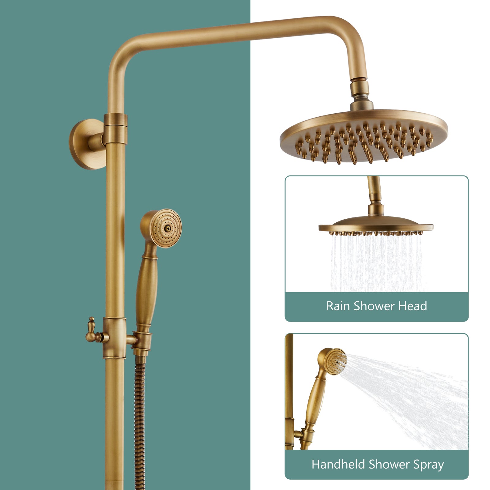 Heyalan Dual Functions Exposed Pipe Shower System Round Rainfall 8 Inch Shower Head Brass Fixture Combo Set 2 Handles with Handheld Sprayer Bathroom Shower Faucet Adjustable Shower Bar