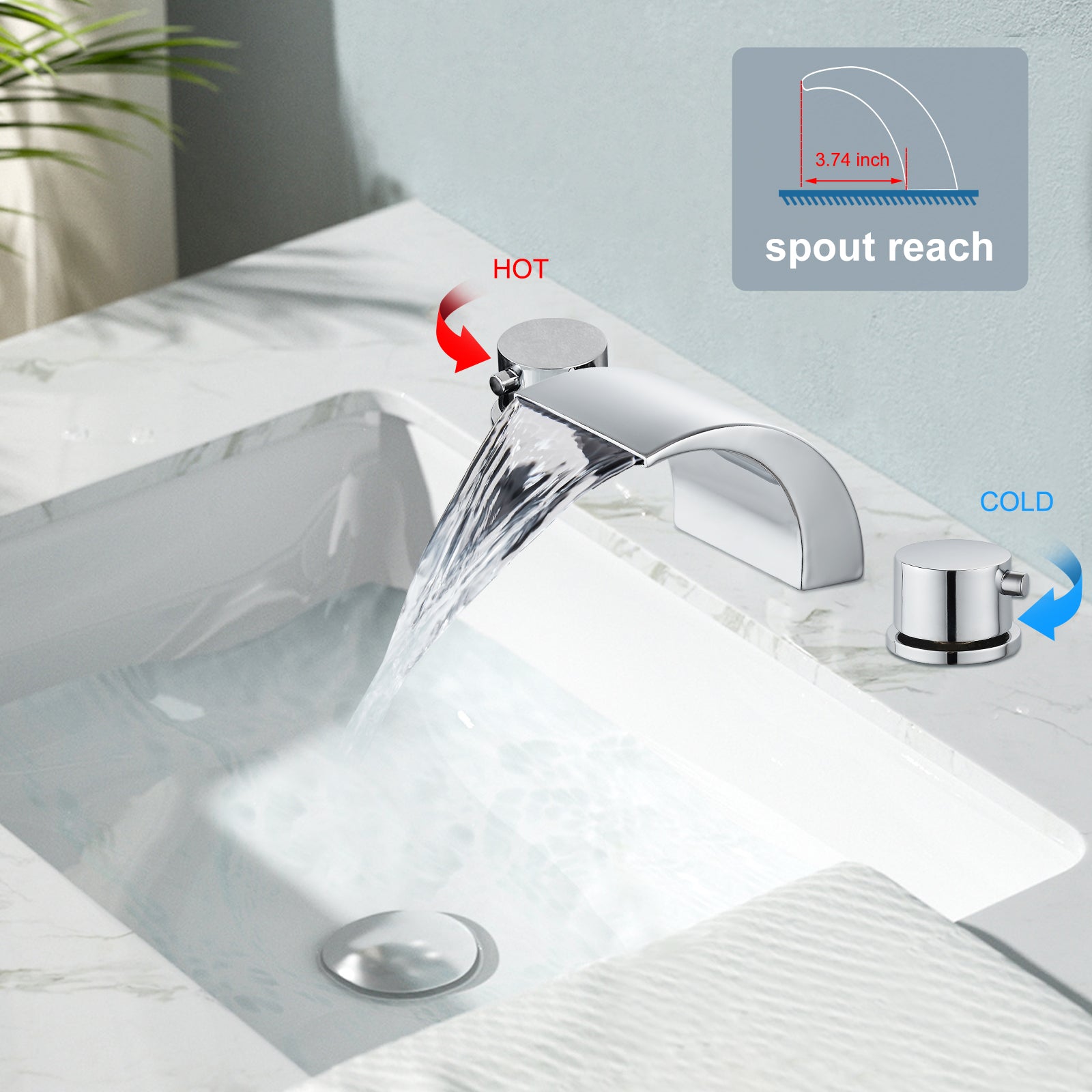 Heyalan Bathroom Widespread Sink Faucet Waterfall Spout 8 16 Inch Dual Handles Three Holes Deck Mount Pop Up Drain with Overflow Bathtub Basin Mixer Tap Commercial
