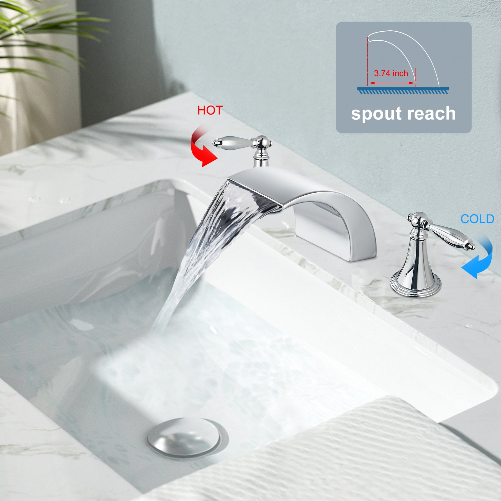 Waterfall Bathroom Sink Faucet Widespread 8-16 Inch 2 Handles 3 Holes Basin Mixer Tap Commercial Deck Mounted Pop Up Drain with Overflow Included