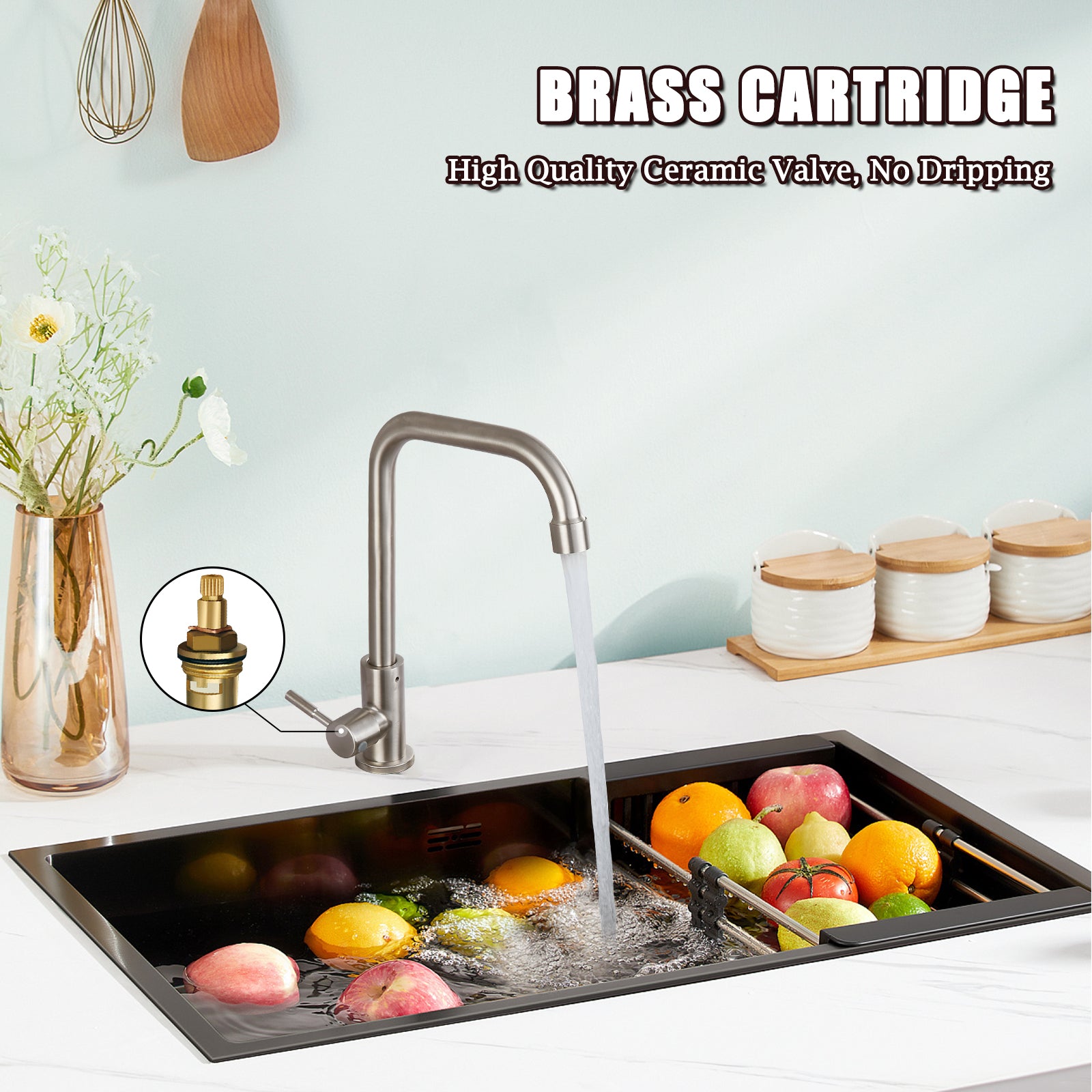 Cold Only Water Kitchen Faucet Heyalan Single Lever Handle 304 Stainless Steel Commercial Bar Tap Decked Mounted 360 Degree Swivel Spout Longer Thread Pipe