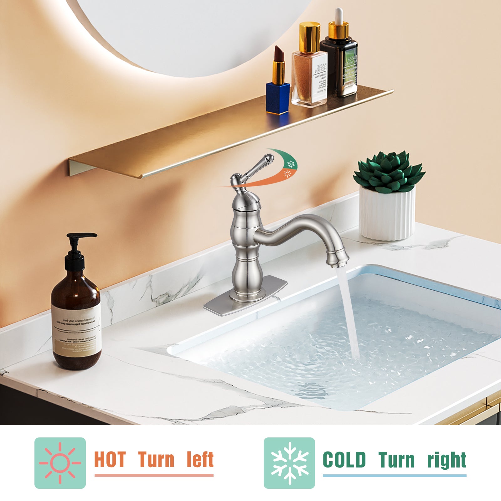 Bathroom Sink Faucet 1 Hole Single Handle Vanity Mixer Tap Deck Mount Lavatory Pop Up Drain with Overflow Included Commercial