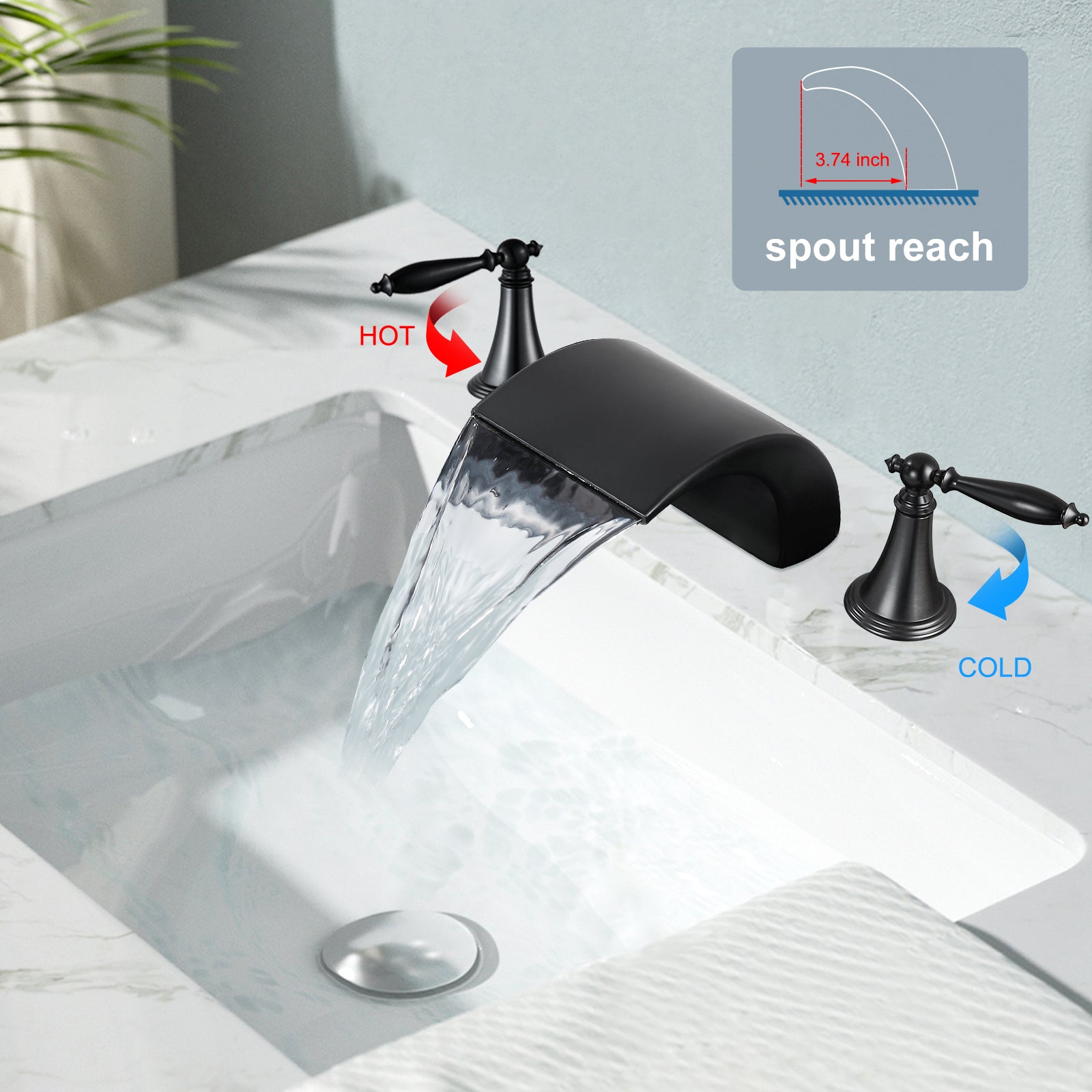 Waterfall Bathroom Sink Faucet Widespread 8-16 Inch 2 Handles 3 Holes Basin Mixer Tap Commercial Deck Mounted Pop Up Drain with Overflow Included