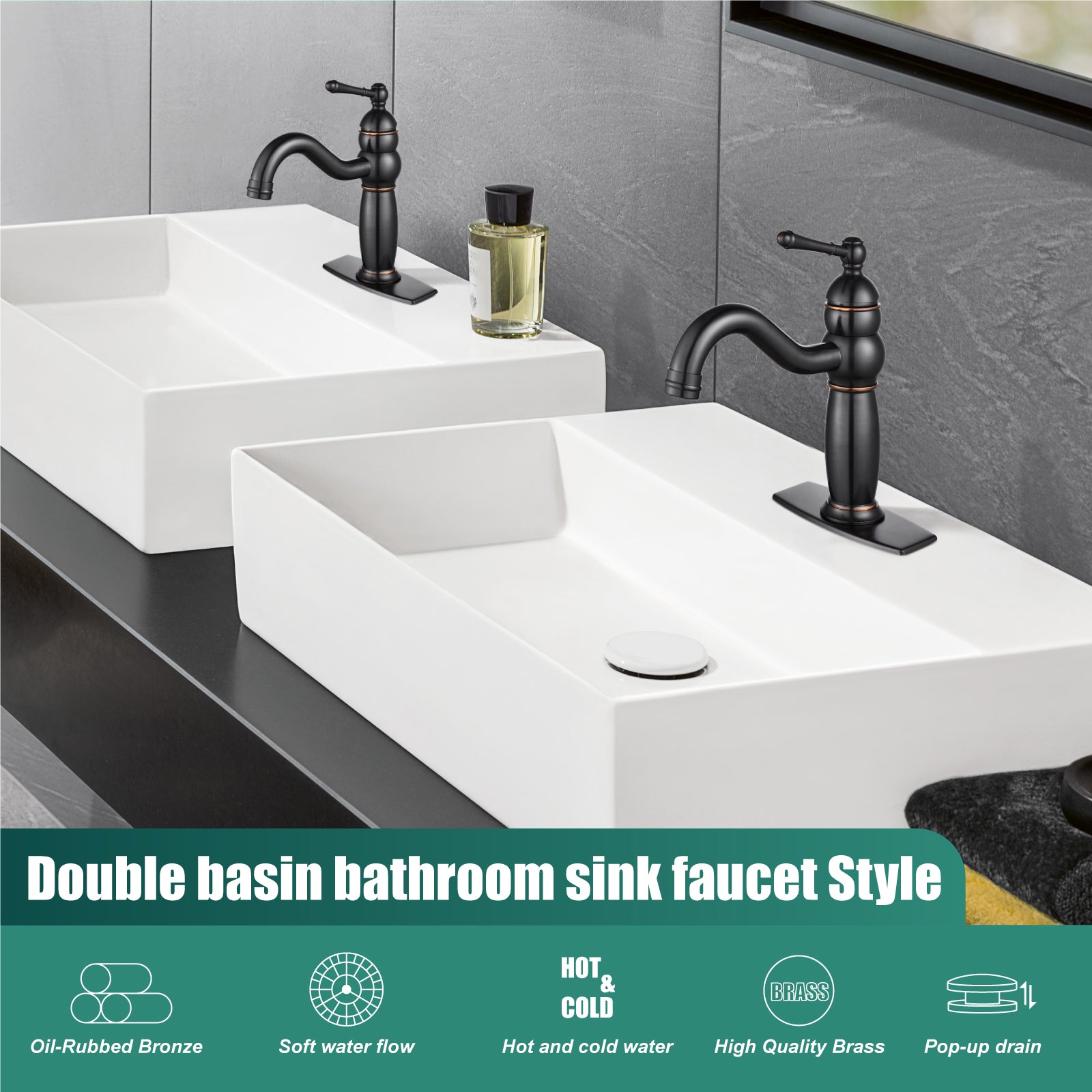 Heyalan Bathroom Faucet Brass Lavatory Sink Faucet Vanity Basin Single Hole Vintage Vessel Mixer Tap Deck Mounted Retro Hot and Cold Water Handle Solid Brass Pop-up Drain Included