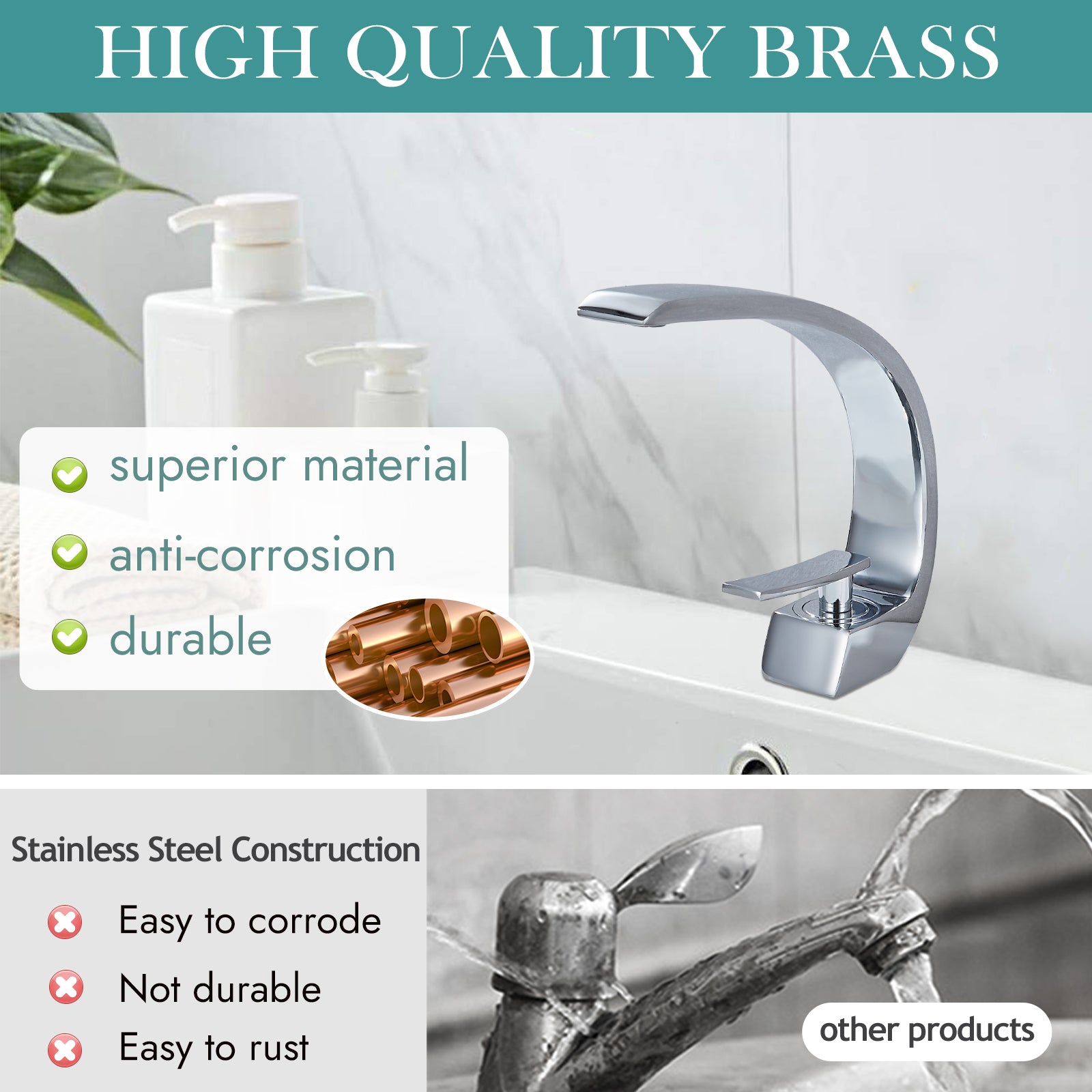 Heyalan Bathroom Sink Faucet Deck Mount Single Handle Single Hole Curved Spout Lavatory Basin Mixer Tap Solid Brass with Supply Hose Commercial