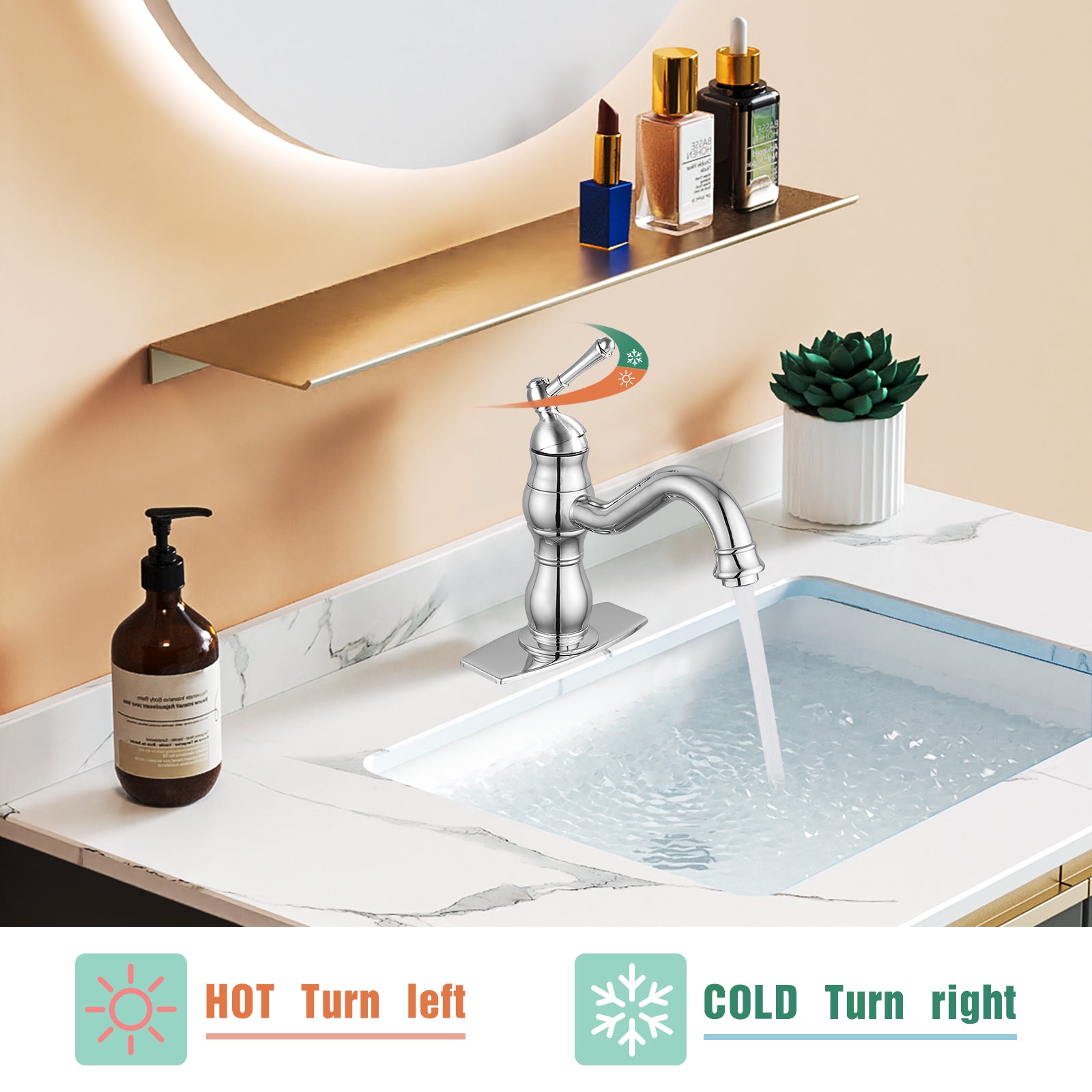 Bathroom Sink Faucet 1 Hole Single Handle Vanity Mixer Tap Deck Mount Lavatory Pop Up Drain with Overflow Included Commercial