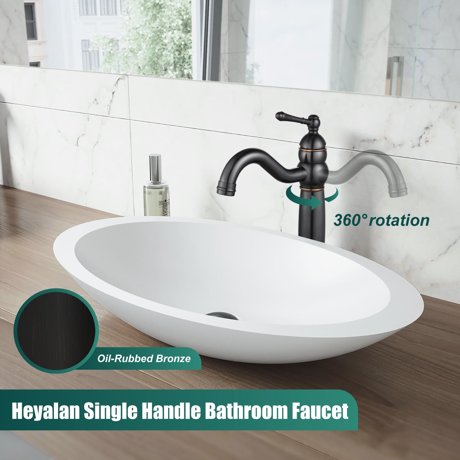 Heyalan Bathroom Vessel Sink Faucet Deck Mount Single Hole One Handle Vintage Lavatory Basin Spout Vanity Tall Mixer Tap Solid Brass Antique Assembly with Pop-up Drain